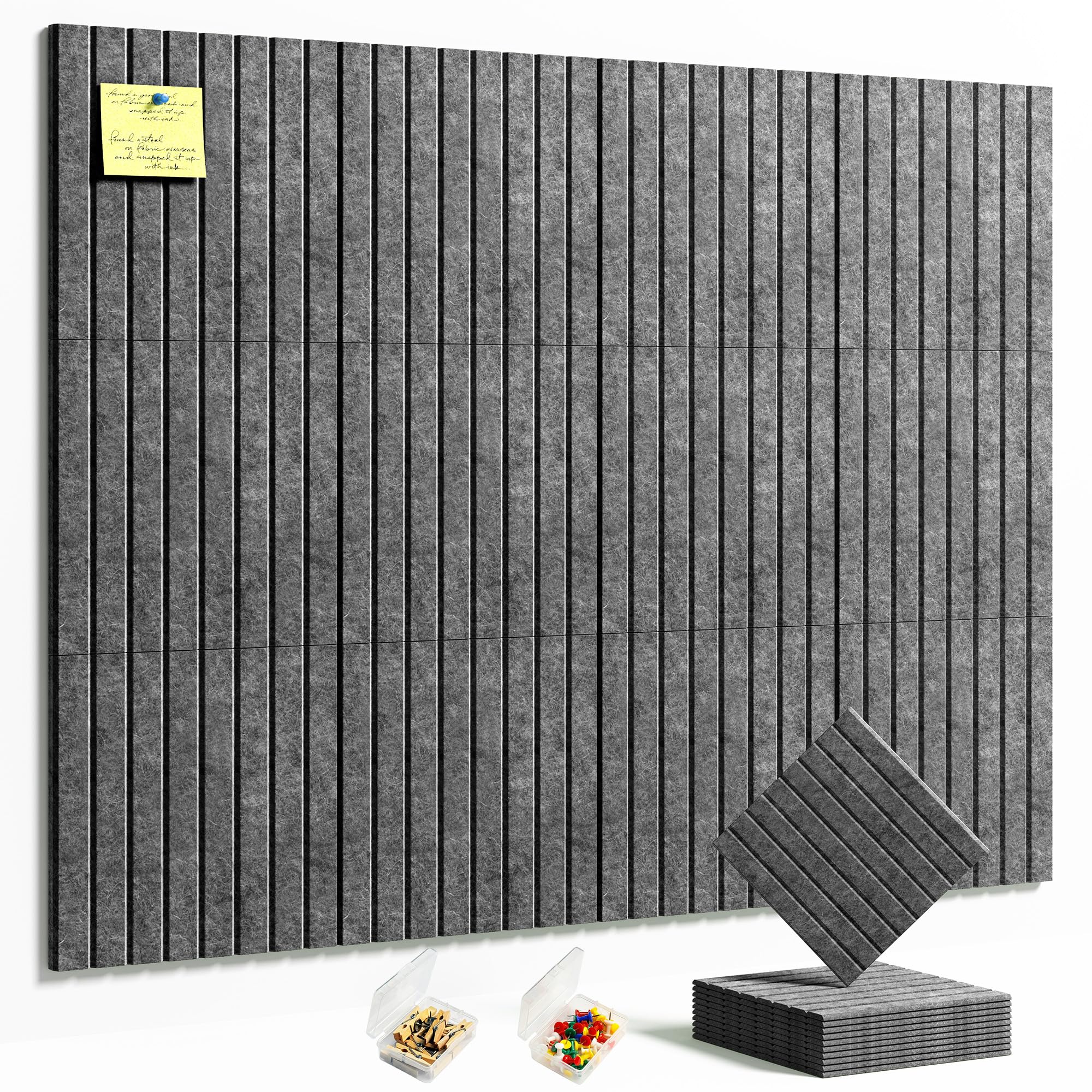 HyFanStr Felt Slatted Bulletin Board, 9mm Extra Thick Pin Board for Walls, 120 x 90 cm-12 Pack Large Cork Board Alternative with Nano Adhesive Hardware for Home Office Kitchen School Decor