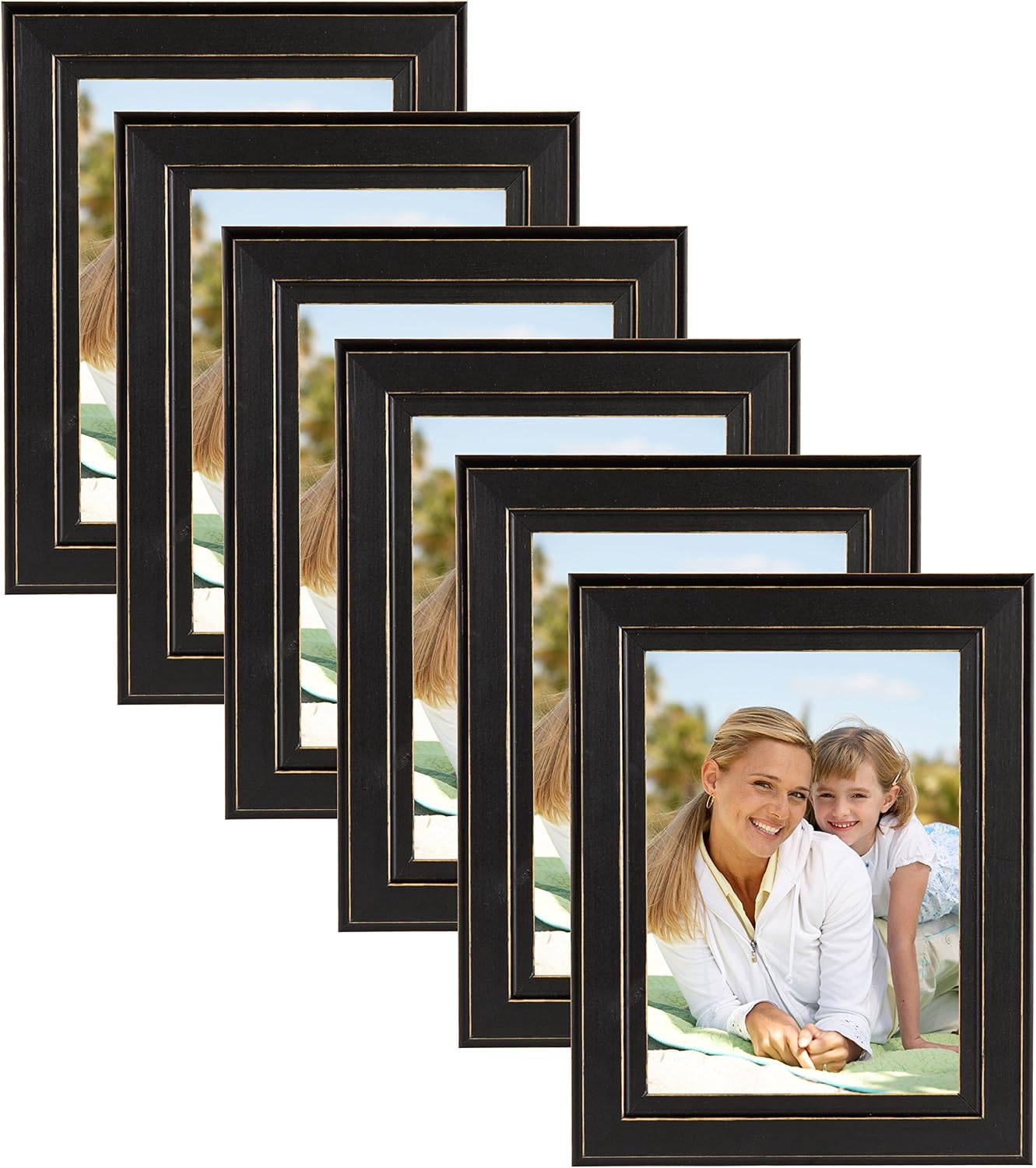 DesignOvation Kieva Solid Wood Picture Frame for Tabletop Display and Wall Mounting, Distressed Black 5 x 7, Pack of 6