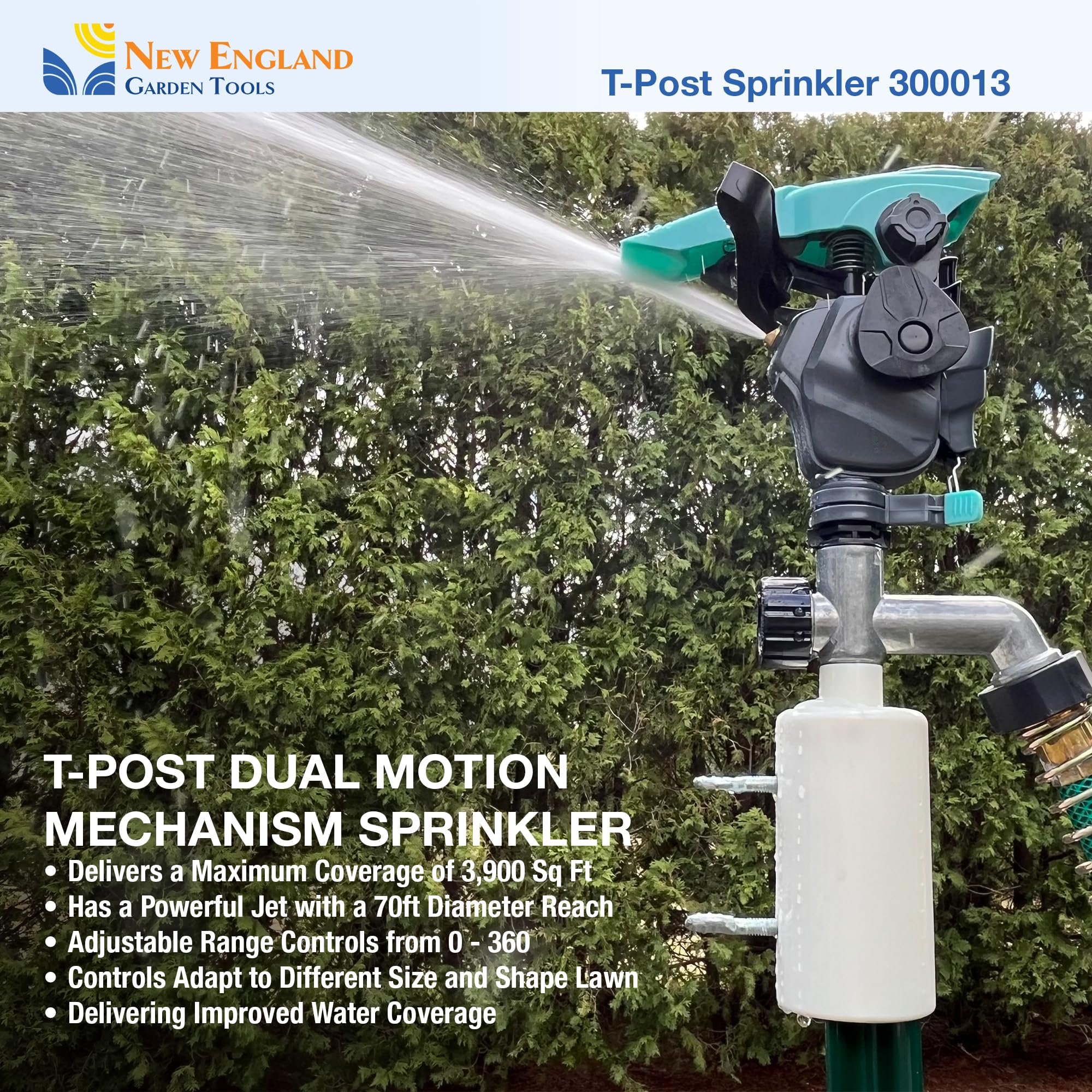 T-Post - Aspersor de impacto pulsante para césped 300013 con accionamiento de engranajes, base de poste, ajustable a 360 grados New England Garden Tools