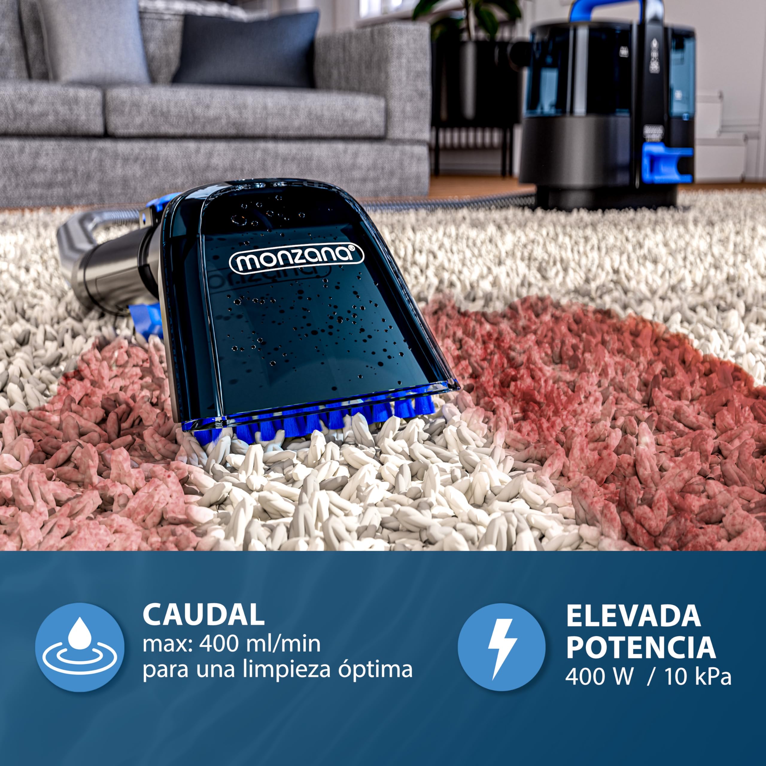 MONZANA® Limpiador de Tapicerías Cepillo 2 en 1 Manguera 1,2 m Alcance 5,5 m Portátil Aspirador en Seco Húmedo Vapor Alfombras Muebles Sofas Coches