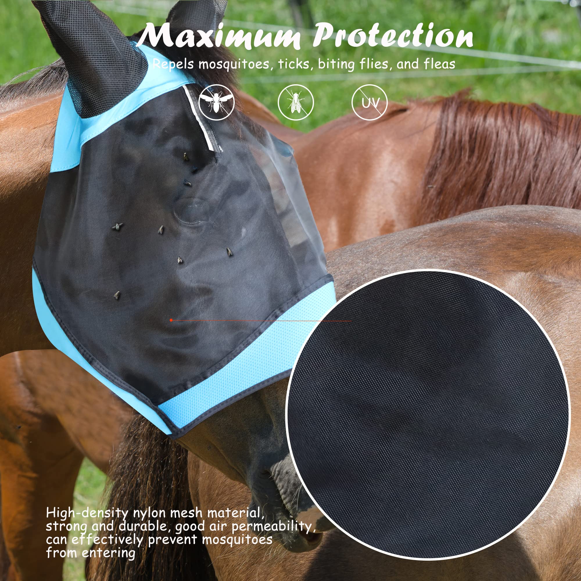 Máscara de caballo con malla fina transpirable para protección UV y protege la cara, las orejas y los ojos del caballo de los tábanos, malla suave, garantiza una vista y respiración sin