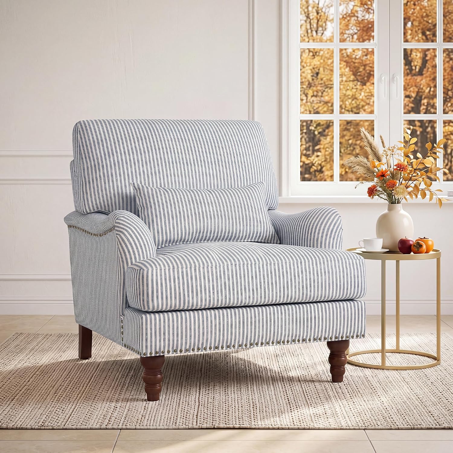 Mid-Century Modern Accent Chair with Lumbar Pillow, Pinstripe Blue, 1 Pack