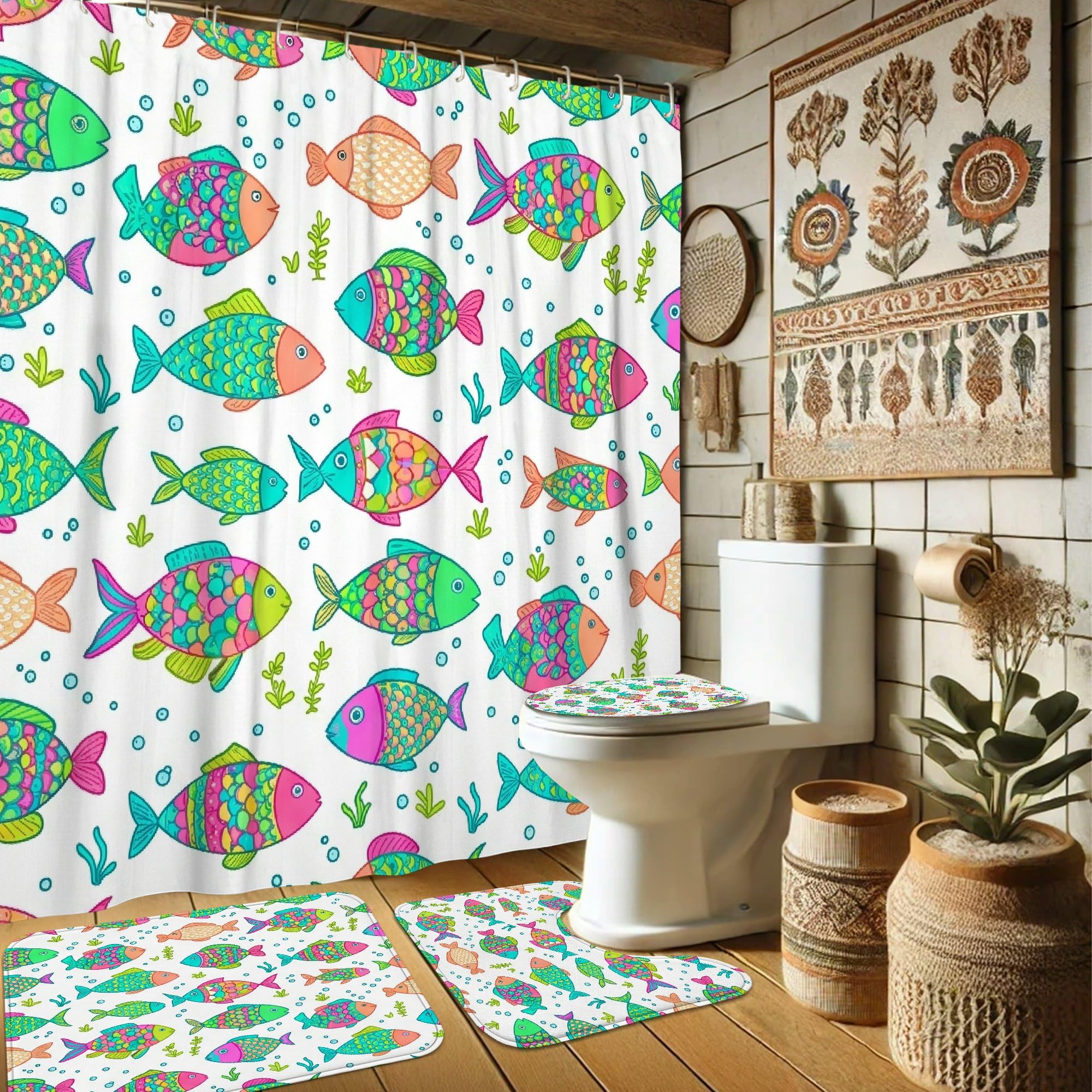 Rideau de douche anti-moisissure 183x183 cm et tapis absorbant motif poissons de mer