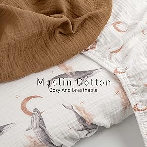 Gllquen Baby Muslin Bassinet Sheets 3 Pack, Breathable Elastic Cozy Fitted Cotton Bassinet Mattress Sheet for Baby Boy Girls, Fit for Hourglass Oval Rectangular Cradle Pad Sheets 33"x17" (Whale)