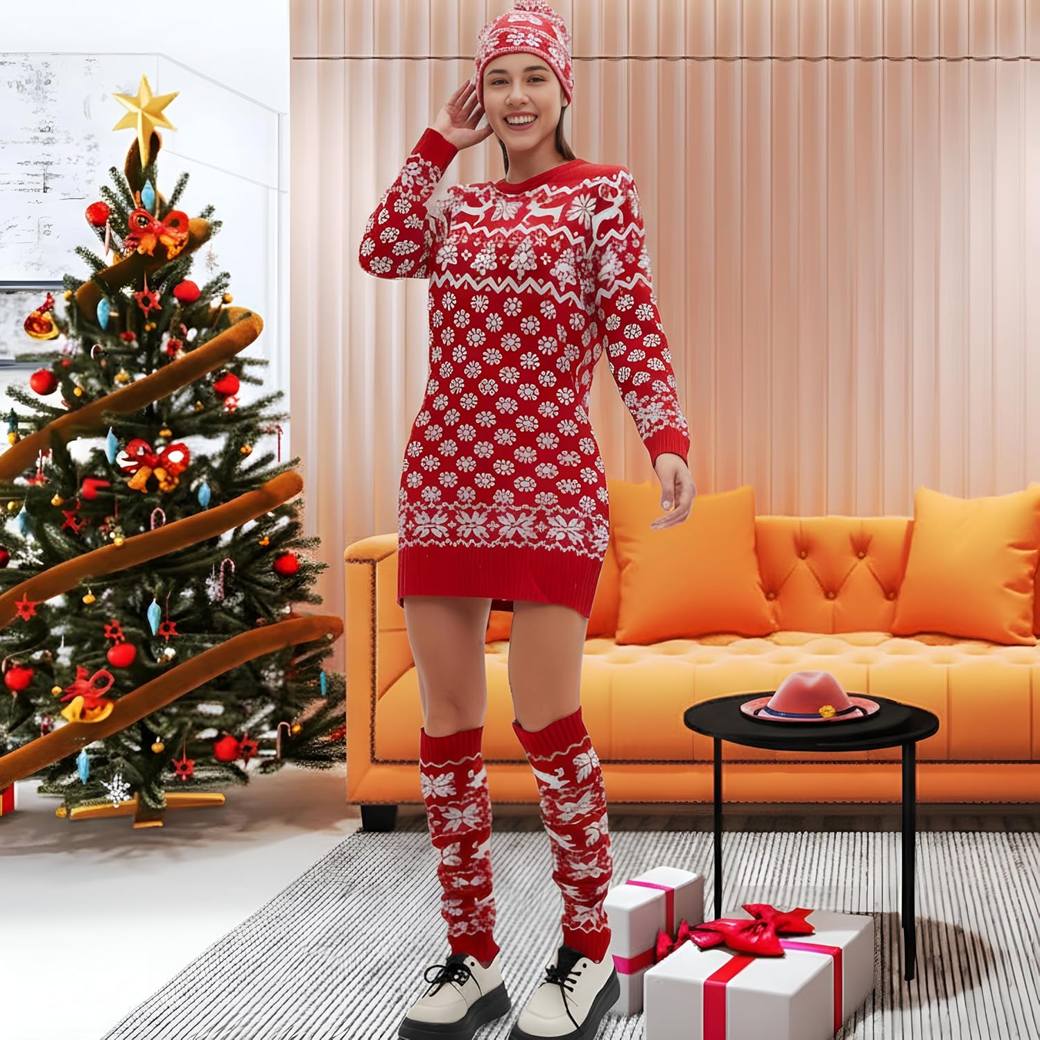 Cuffbow 3 Pcs Christmas Sweater Dress Set Women Long Sleeve Sweater Dress Xmas Thigh High Socks and Hat for Party Gift - Image 2
