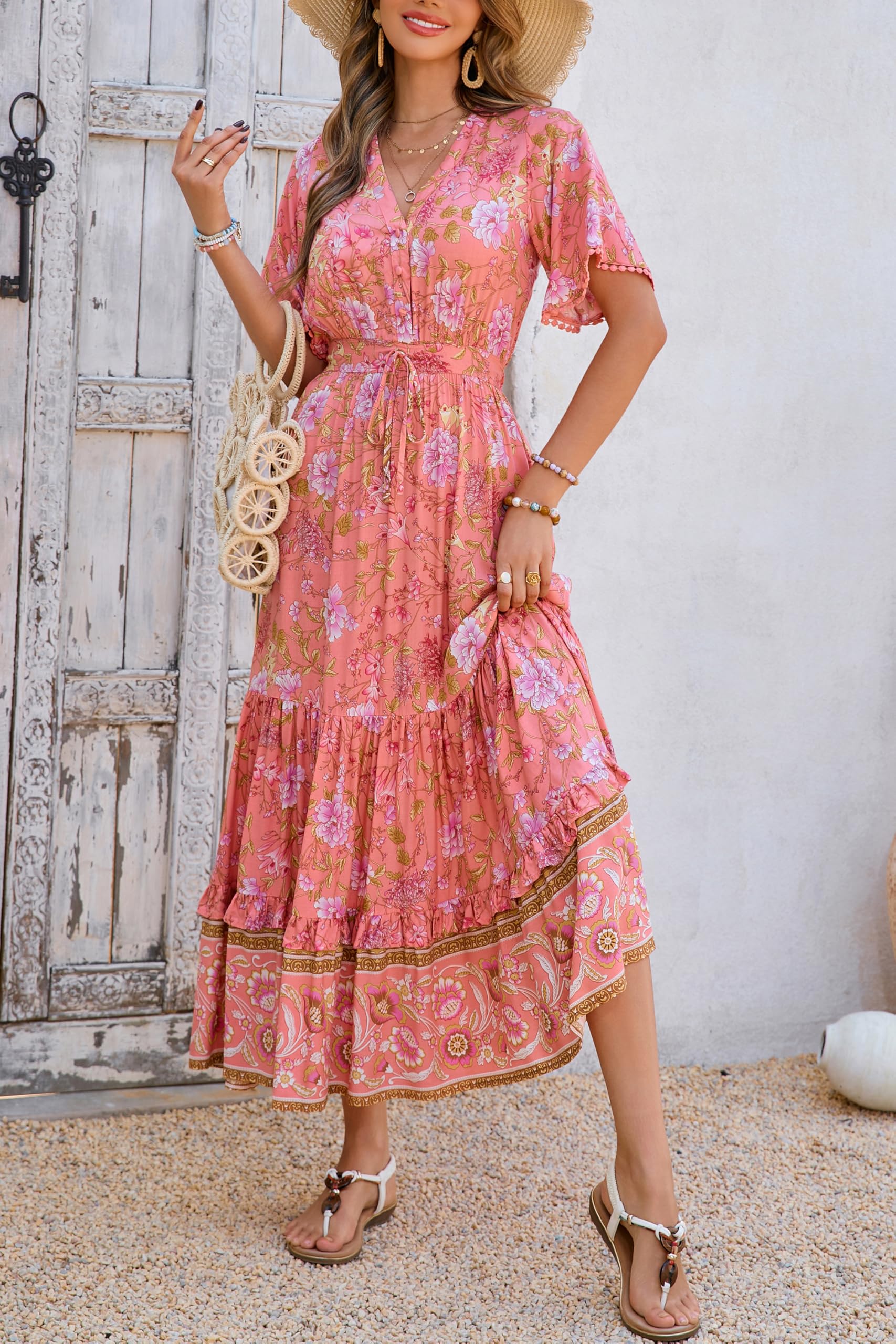 R.Vivimos Abito Boho Estivo Donna Abito Sexy Scollo a V Bottoni Manica Corta Vestito Elegante con Volant Orlo Abito Lungo Maxi da Spiaggia Casual per Le Vacanze(XL,Rosa Corallo)