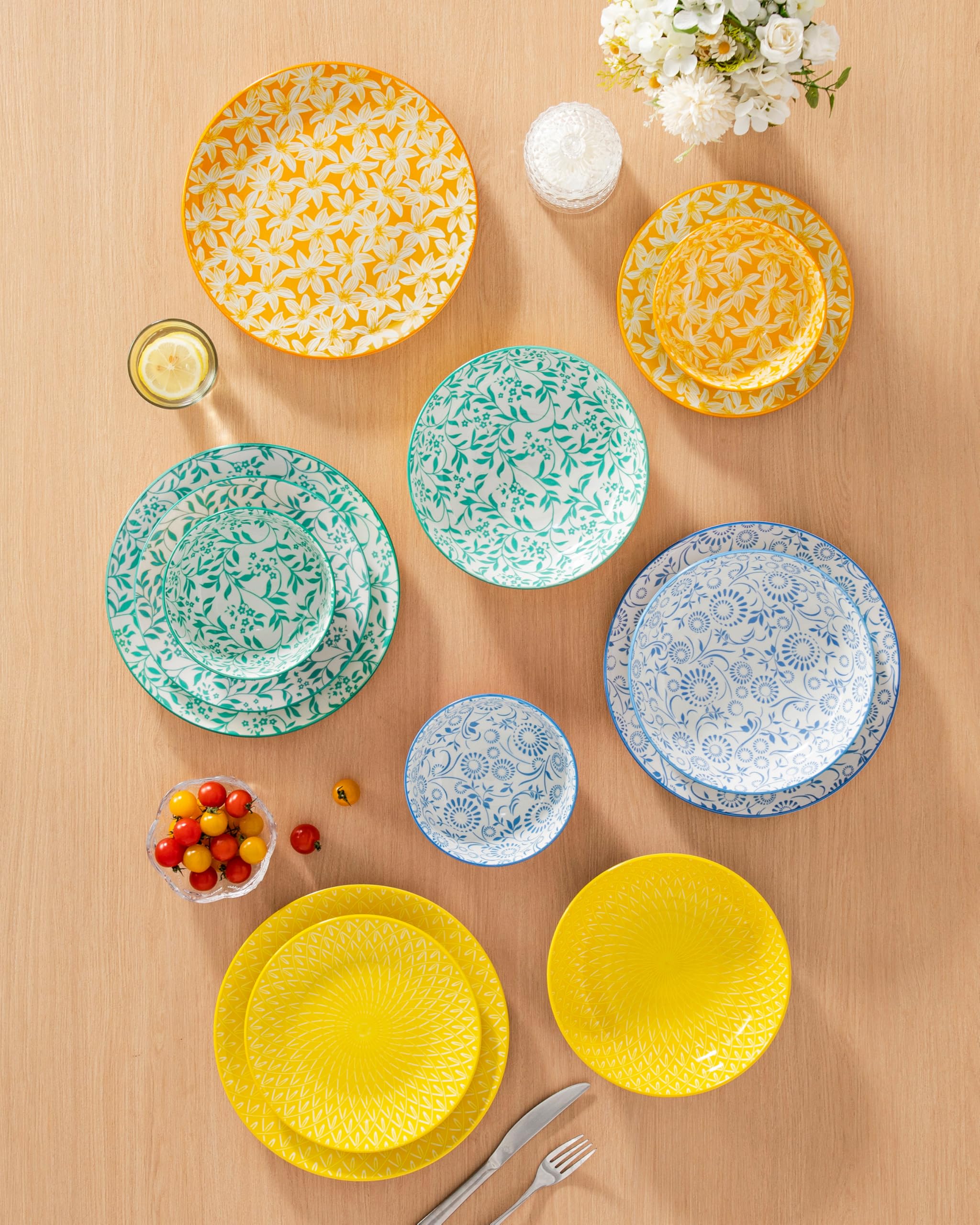 vancasso Selene zestaw obiadowy dla 4 osób, 16-częściowy zestaw kolorowych porcelanowych talerzy i misek, odporne na zarysowania, zestaw naczyń Mircowave, nadaje się do mycia w zmywarce