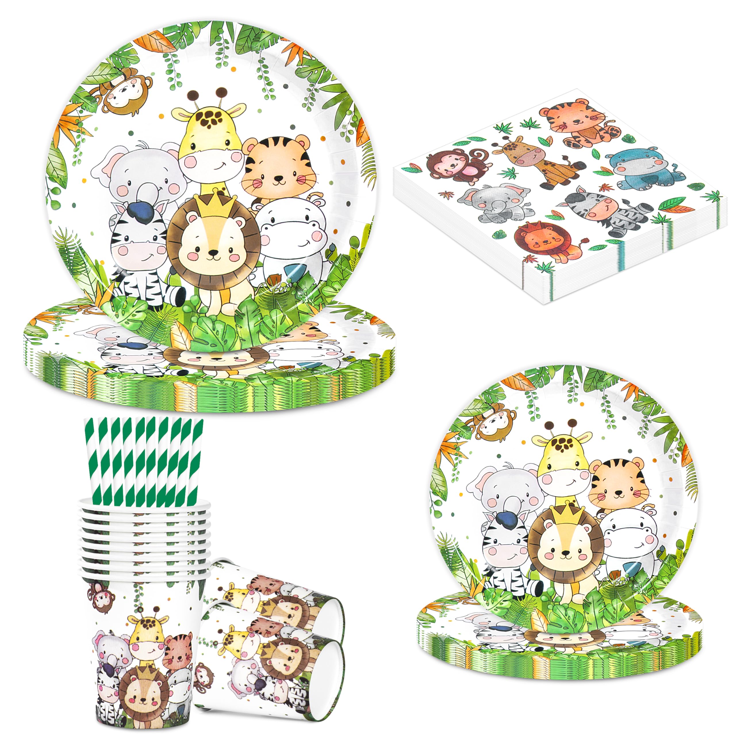 BuyCard Jungle Safari Birthday Tableware Set for 10 People, 60 Pieces Jungle Decoration Set Paper Plates Children's Birthday Paper Plates Cups Napkins for Children's Birthday Party. — image 1