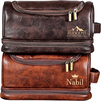 Personalized Leather Toiletry Bag for Men, Custom Monogram Dopp Kit, Christmas Fathers Day Birthday Gifts, Double Layer Water Resistant Travel Shaving Organizer with Hook, Multi Colors