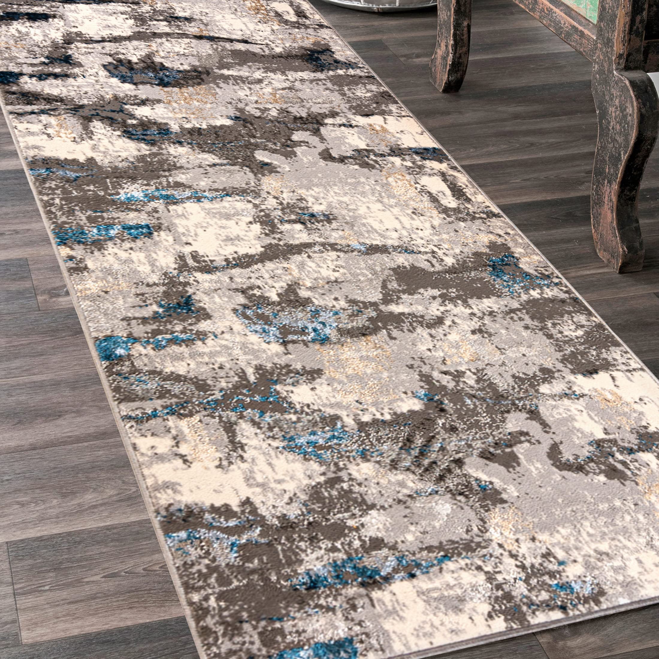 Mazovia Alfombra de Pasillo Larga - Design Vintage Moderno Pelo Corto - Alfombras de Pasillo por Metros - Alfombras para Pasillos Largos - Moqueta por Metros - Beis Azul Gris 60x300 cm
