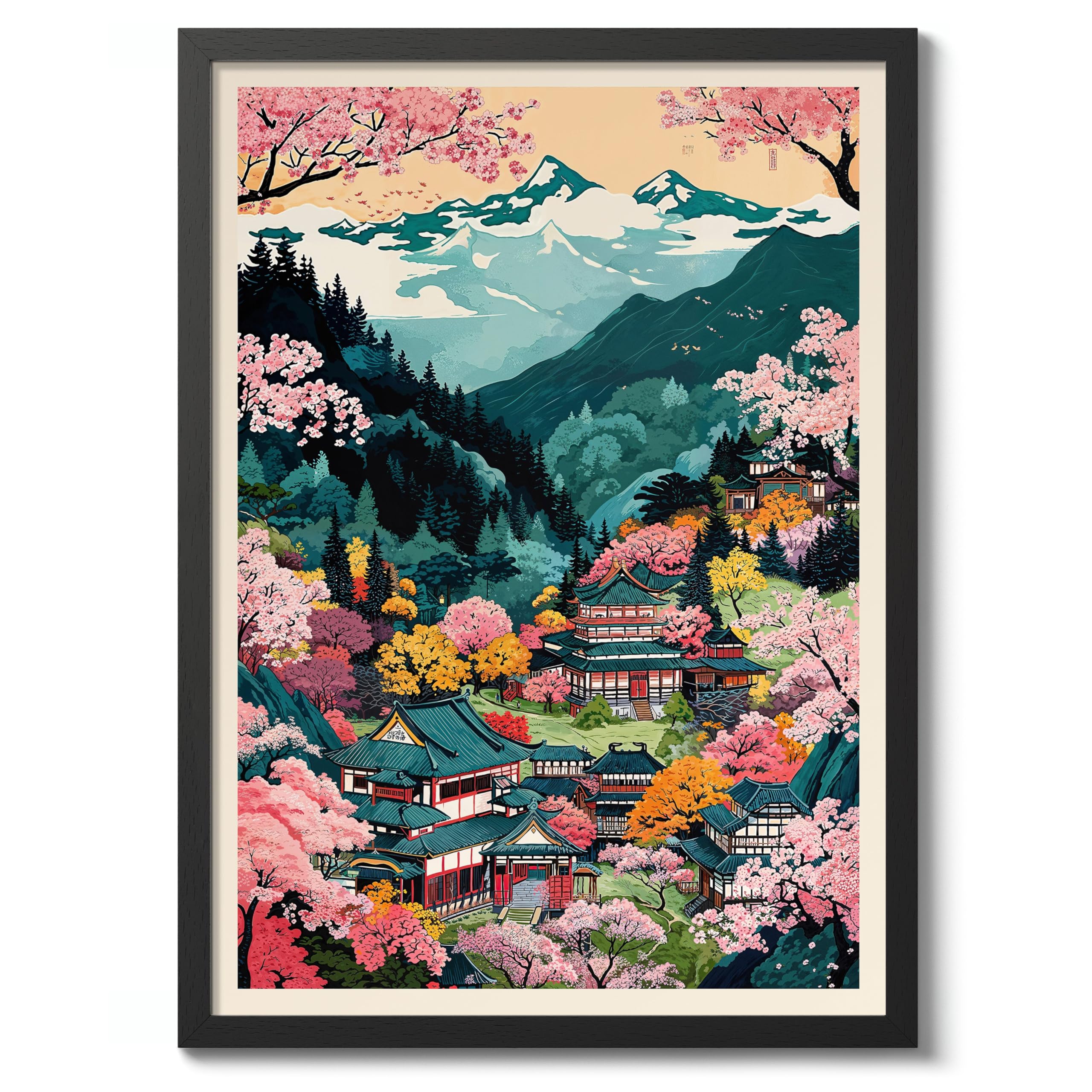 Mount Yoshino Peaks Anime Woodblock Poster Modern Ukiyo-E, Japanese Cartoon Illustration Print, Archival Matte, A1 (Black Frame) - 84.1x59.4cm
