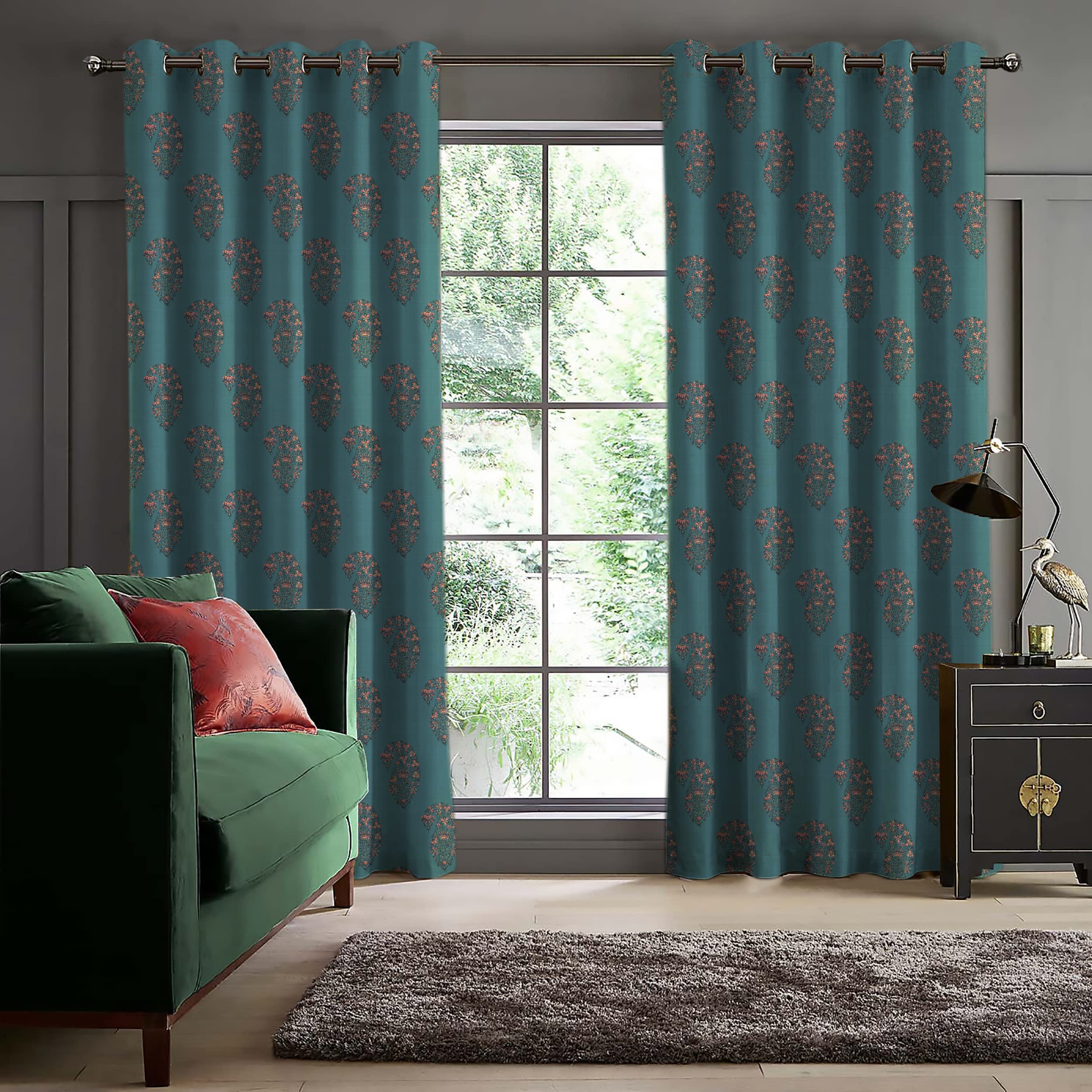 Casableu Calyx 2 Piece Polyester Eyelets (Steel) Blackout Curtains with Tie Back, Bedroom Living Room (Teal, 7feet)