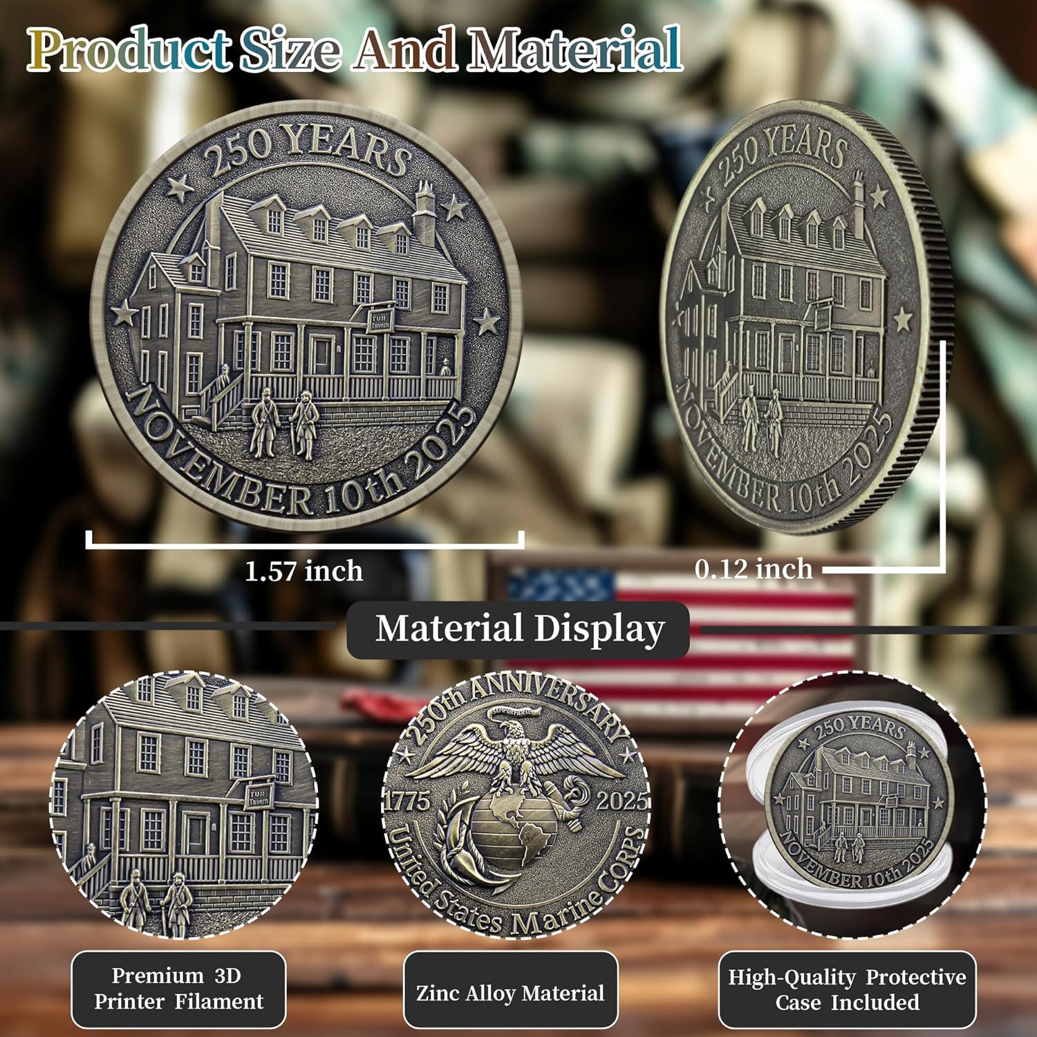 Marine Corps 250th Anniversary Challenge Coin – USMC Military Commemorative Coin – Marine Corps Birthday Gift - Limited Edition Collectible for Marines & Military Enthusiasts((Retro-1Pcs))