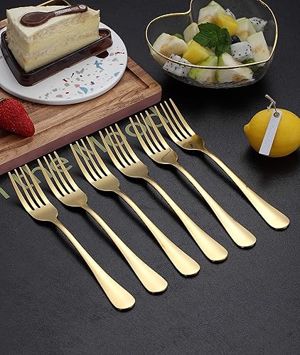 Miniatura 4 de Kyraton Tenedor de cena dorado, 6 piezas, tenedores de acero inoxidable de 8.17 pulgadas, chapado en titanio dorado, cubiertos de boda, tenedores