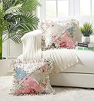 BrilliantSunshine Peach Olive Flowers Patchwork Ruffle Quilted Pillow Covers 18x18 Set of 2 - Decorative Throw Cushion Cases for Couch Bed Chair
