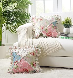 BrilliantSunshine Peach Olive Flowers Patchwork Ruffle Quilted Pillow Covers 18x18 Set of 2 - Decorative Throw Cushion Cases for Couch Bed Chair