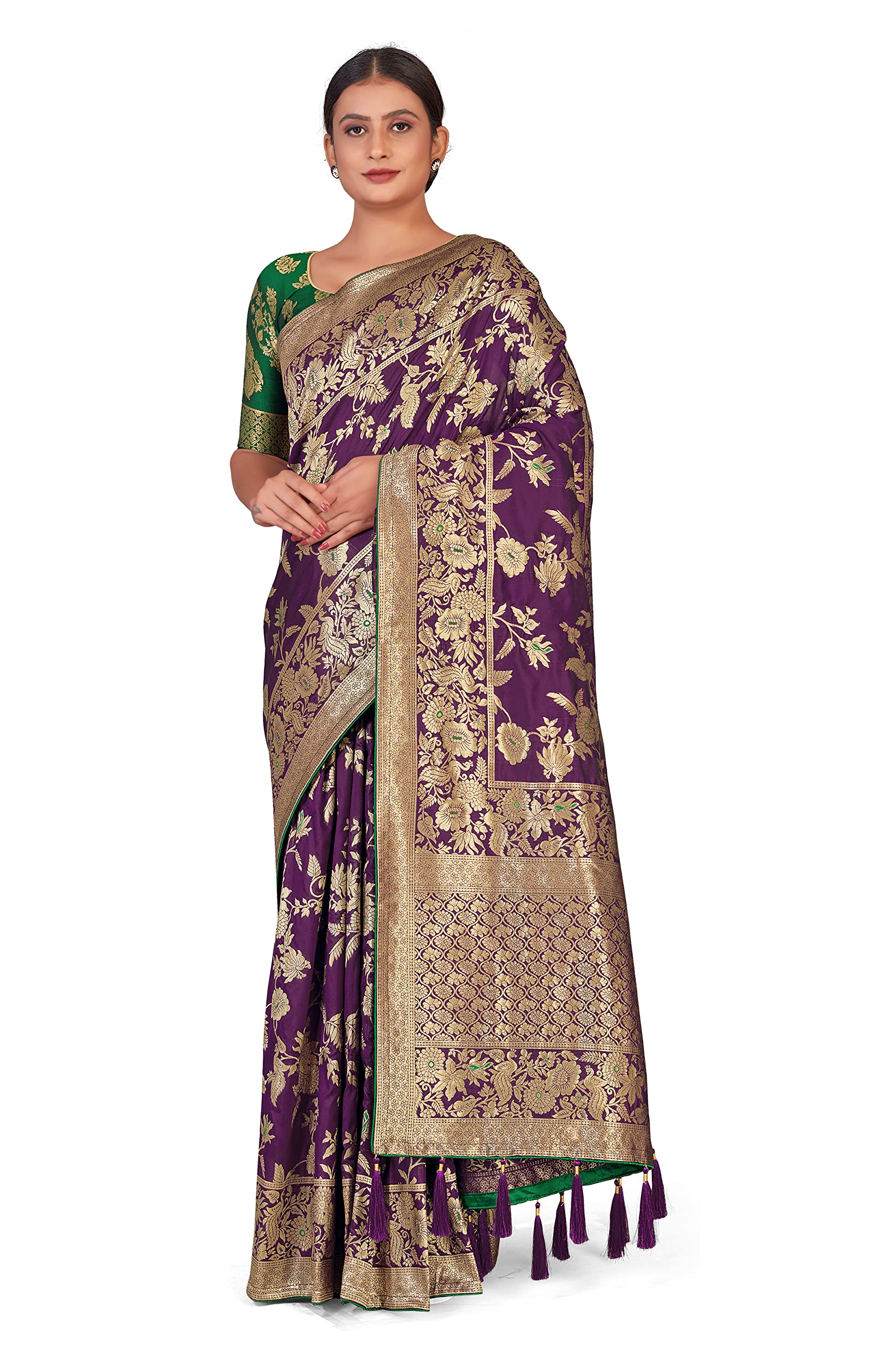 Monjolika Fashion Women's Banarasi Pure Kanjivaram Style Silk Saree With Blouse Piece for Wedding (37765 color)(Purple)