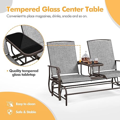 Miniatura 6 de Yaheetech Planeador de 2 asientos para exteriores con mesa central, sofá biplaza mecedora para patio con marco de metal resistente de malla