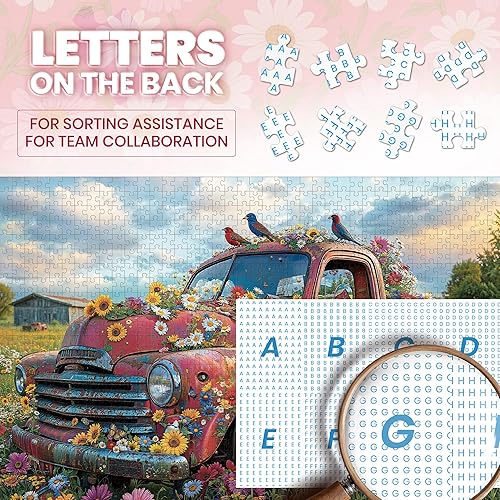 Miniatura 3 de Rompecabezas para adultos de 1000 piezas, rompecabezas vintage de autos rojos y flores, rompecabezas de 1000 piezas con letras en la parte