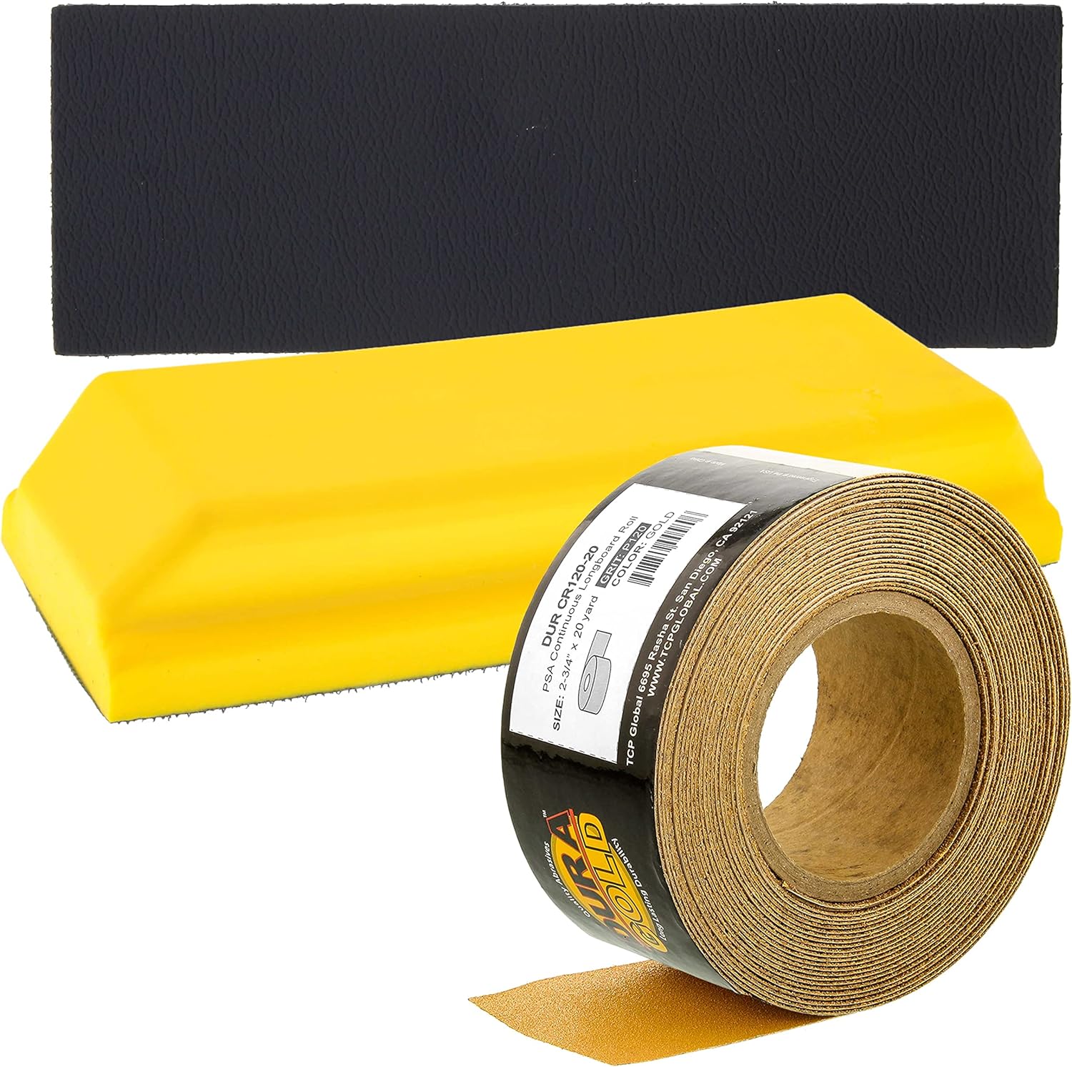 Dura-Gold Pro Series Rectangle 7-3/4" x 2-3/4" Hand Sanding Block Pad with Hook & Loop Backing and PSA Sandpaper Adapter Pad & 120 Grit PSA Longboard Sandpaper 20 Yard Continuous Roll, 2-3/4" Wide