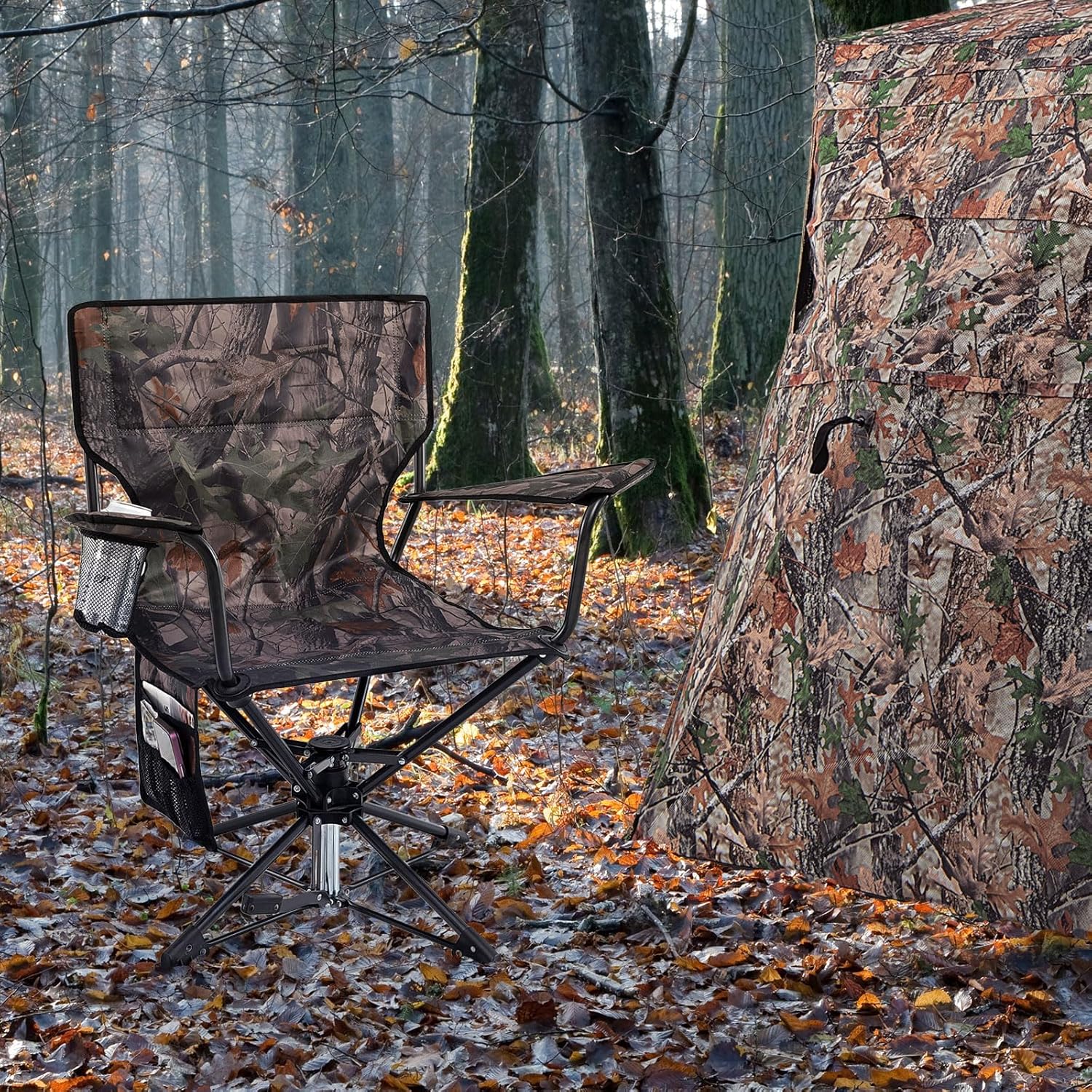 HAPPYGRILL 360° Swivel Hunting Chair Folding Silent Swivel Blind Chair, All-Terrain Foot Pads, Portable Sniper Seat for Hunting Shooting Fishing Camping