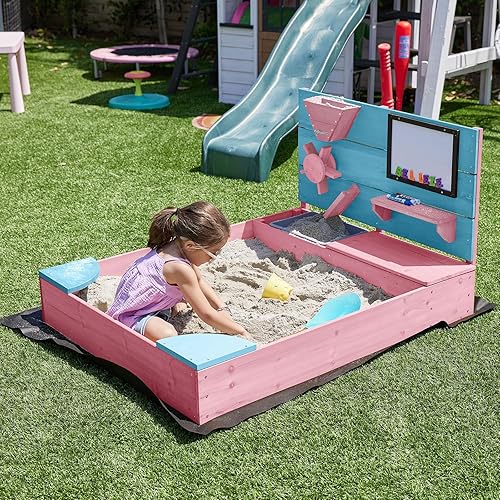 BELLEZE Caja de arena de madera, pozo de arena para niños de 49 x 39 pulgadas para patio trasero, caja de arena al aire libre con cubierta y forro