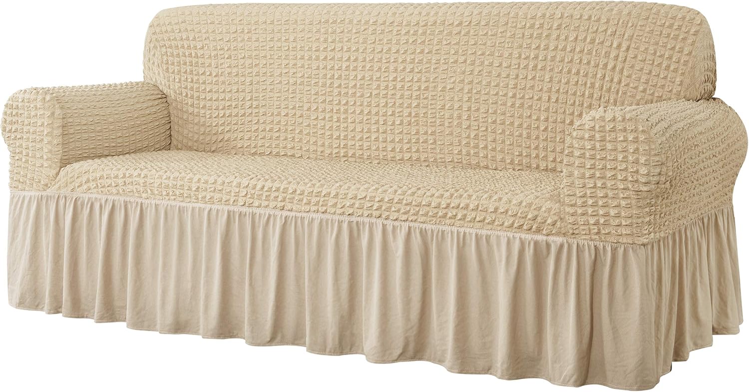 CHUN YI Universal Sofa Slipcover with Skirt 1 Piece Fitted Couch Cover for 3 Seaters, Washable High Elastic Durable Seersucker Fabric with Skirt Country Style (3 Seater,Light Khaki) : Home & Kitchen