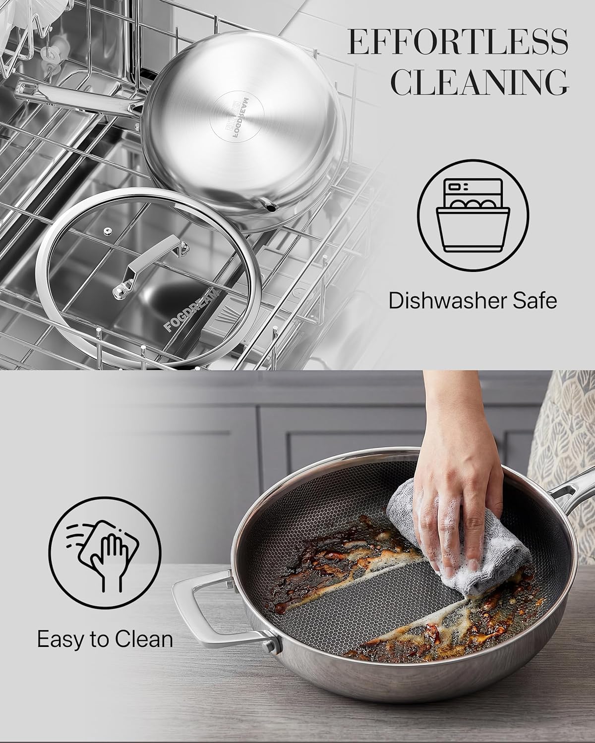 FogDream Titanium Non Stick Frying Pan, 10in Tri-Ply Stainless Steel Deep Saute Pan, All-in-One Cookware Set(Spatulas&Steamer), Stay Cool Handle, Dishwasher & Oven-Safe,Induction Compatible,Silver