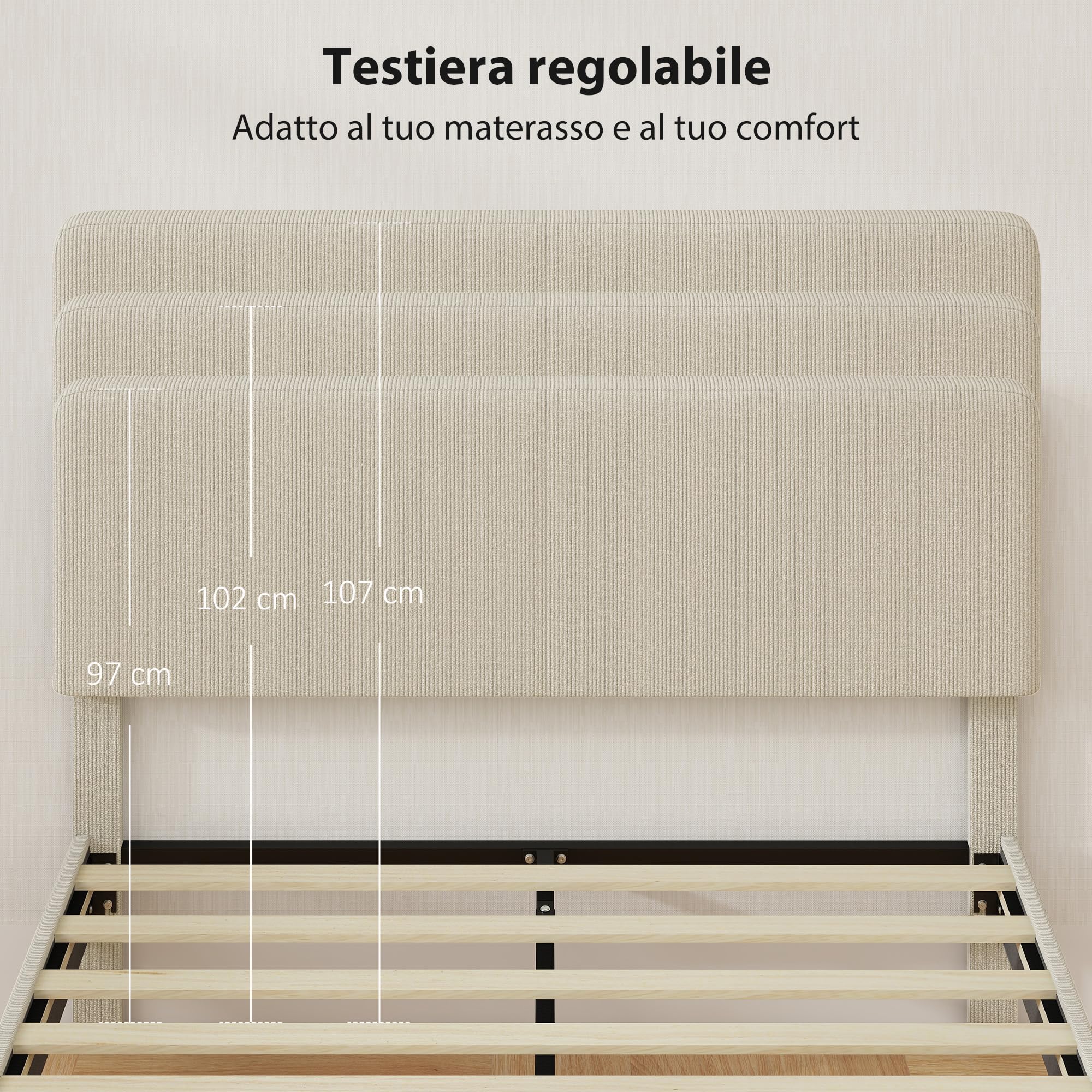 HOMCOM Struttura Letto Matrimoniale Doghe in Legno 140x200 cm Grigio Chiaro | Testiera Regolabile in Altezza, Imbottita in Velluto a Coste, Letto Matrimoniale per Camera da Letto, Montaggio Facile