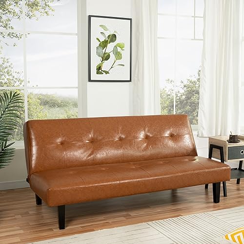 Miniatura 1 de Naomi Home Sofá cama futón capitoné con botones, sofá futón de piel sintética, moderno sofá cama plegable convertible con patas de madera, sofá cama
