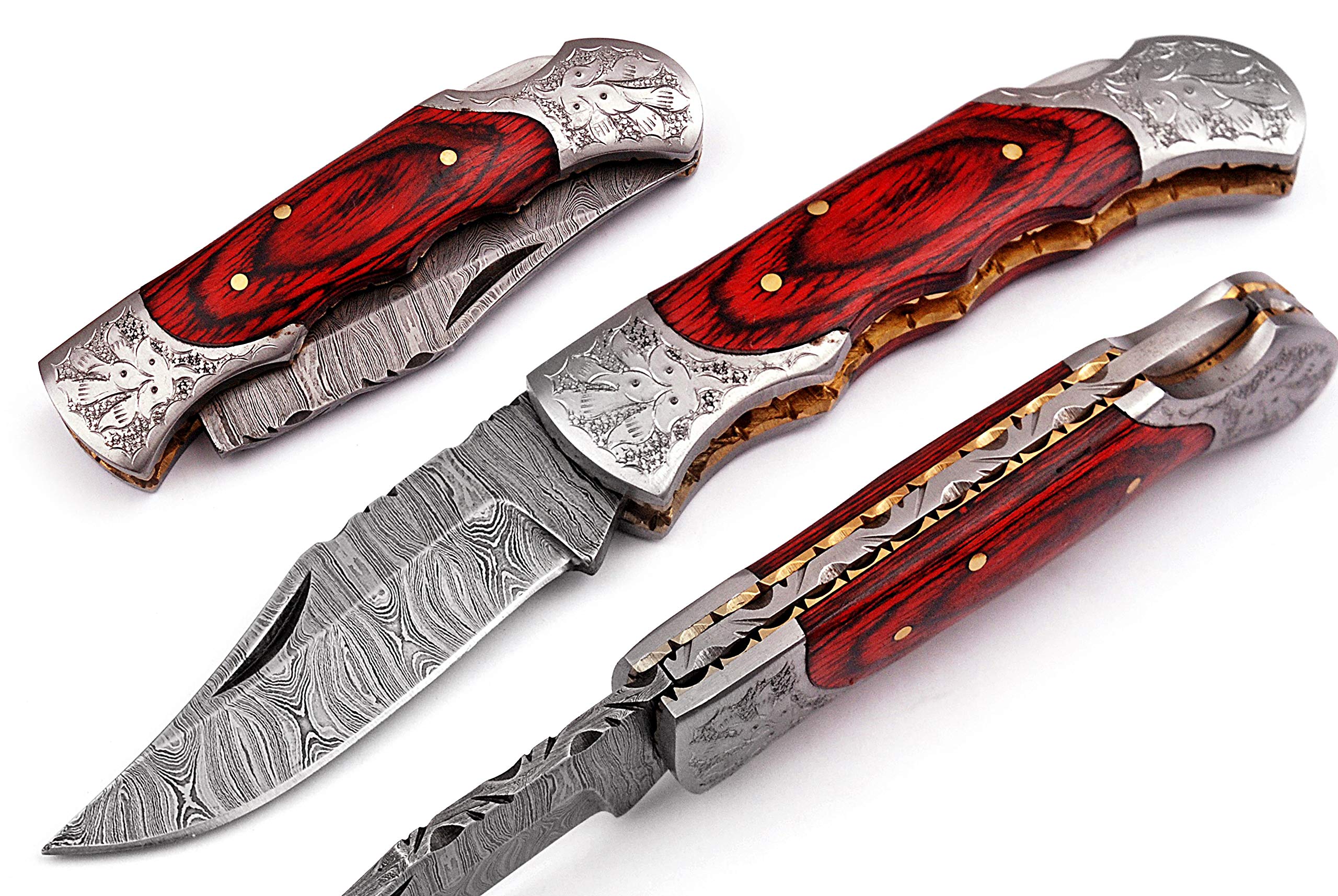 Hand made Damascus steel blade Pocket knife with leather sheath 5170 (Red) knives for men best gift