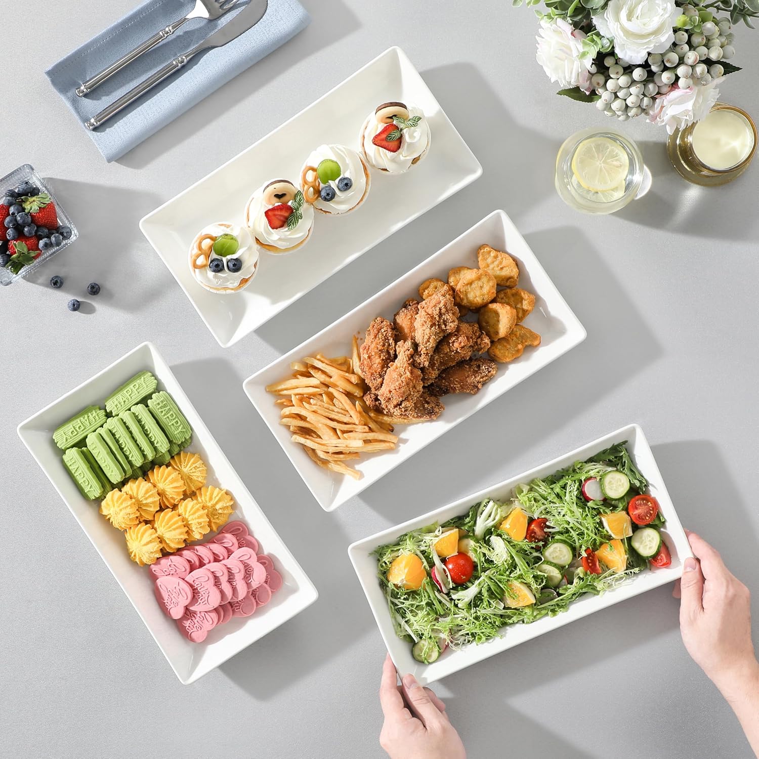 MALACASA Serving Platters Set of 4, Ceramic Serving Platters and Trays for Serving Food, Rectangular Serving Trays for Party, Large Serving Plates, Party Serving Trays and Platters - 12 Inch, White
