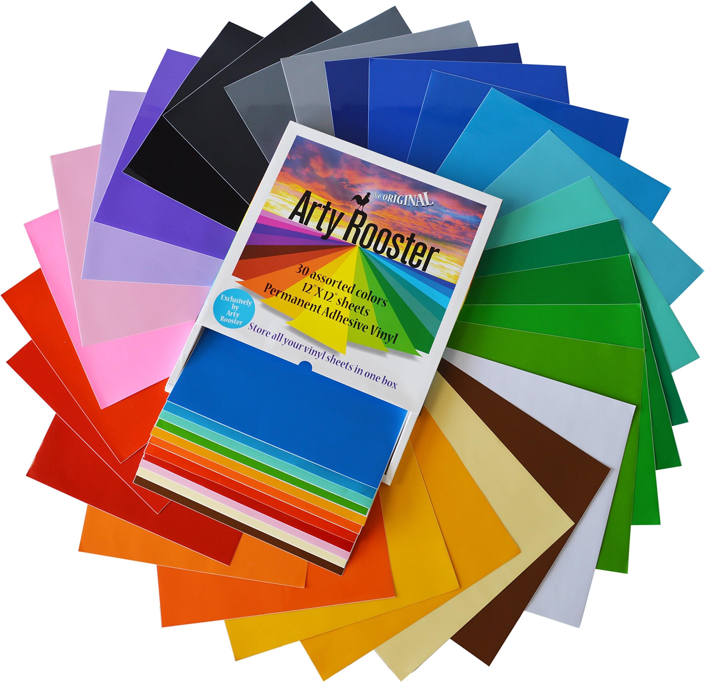 Adhesive Vinyl Sheets by Arty Rooster in a Protective Box | 12"x12" - 30 Permanent Vinyl Sheets | Assorted Colors Craft Vinyl for Cricut, Silhouette, Craft Cutters | Make Your Own Design
