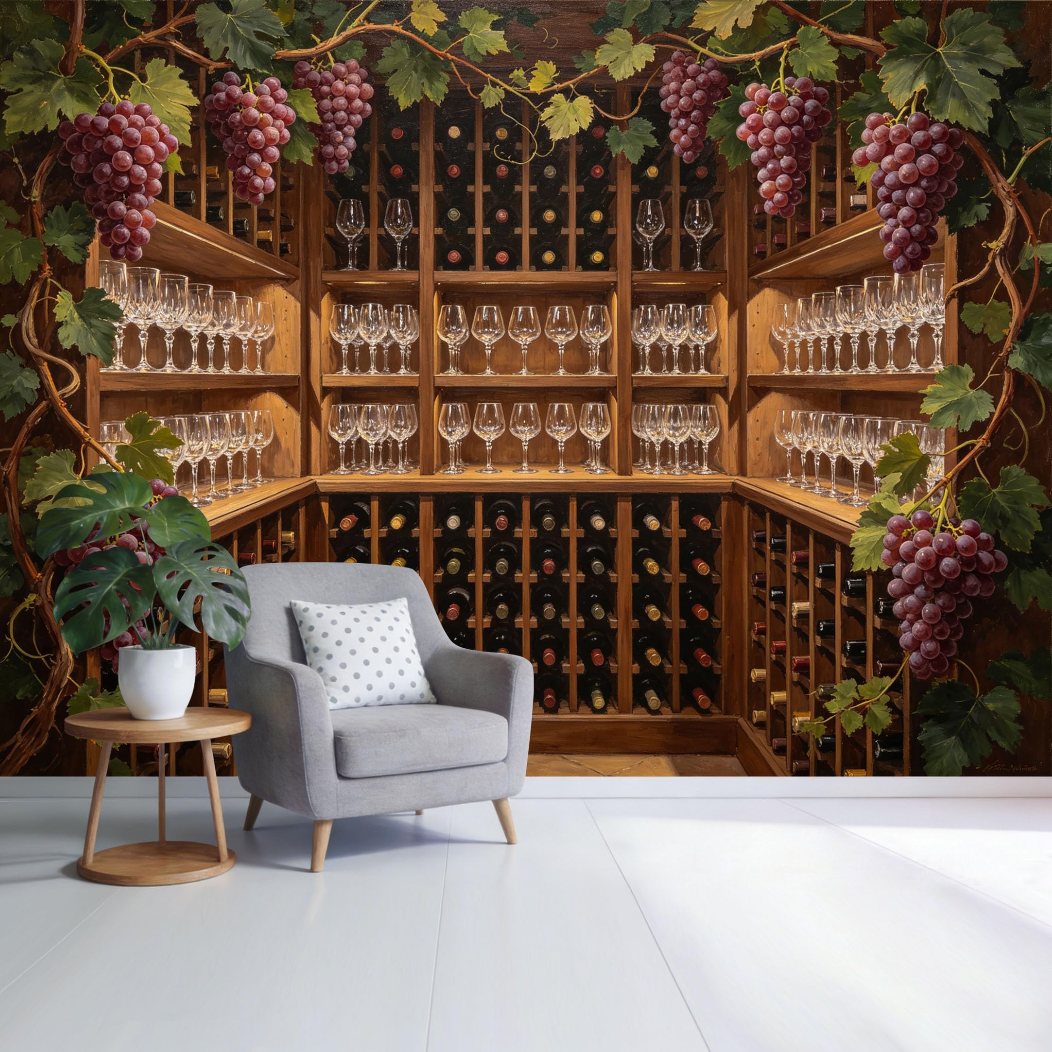 Custom Size Wall Mural Wine Cellar with Red Grapes Vineyard Botanical Rustic Barrel Design SelfAdhesive Wall Fabric Removable Wallpaper for Home Office Decor