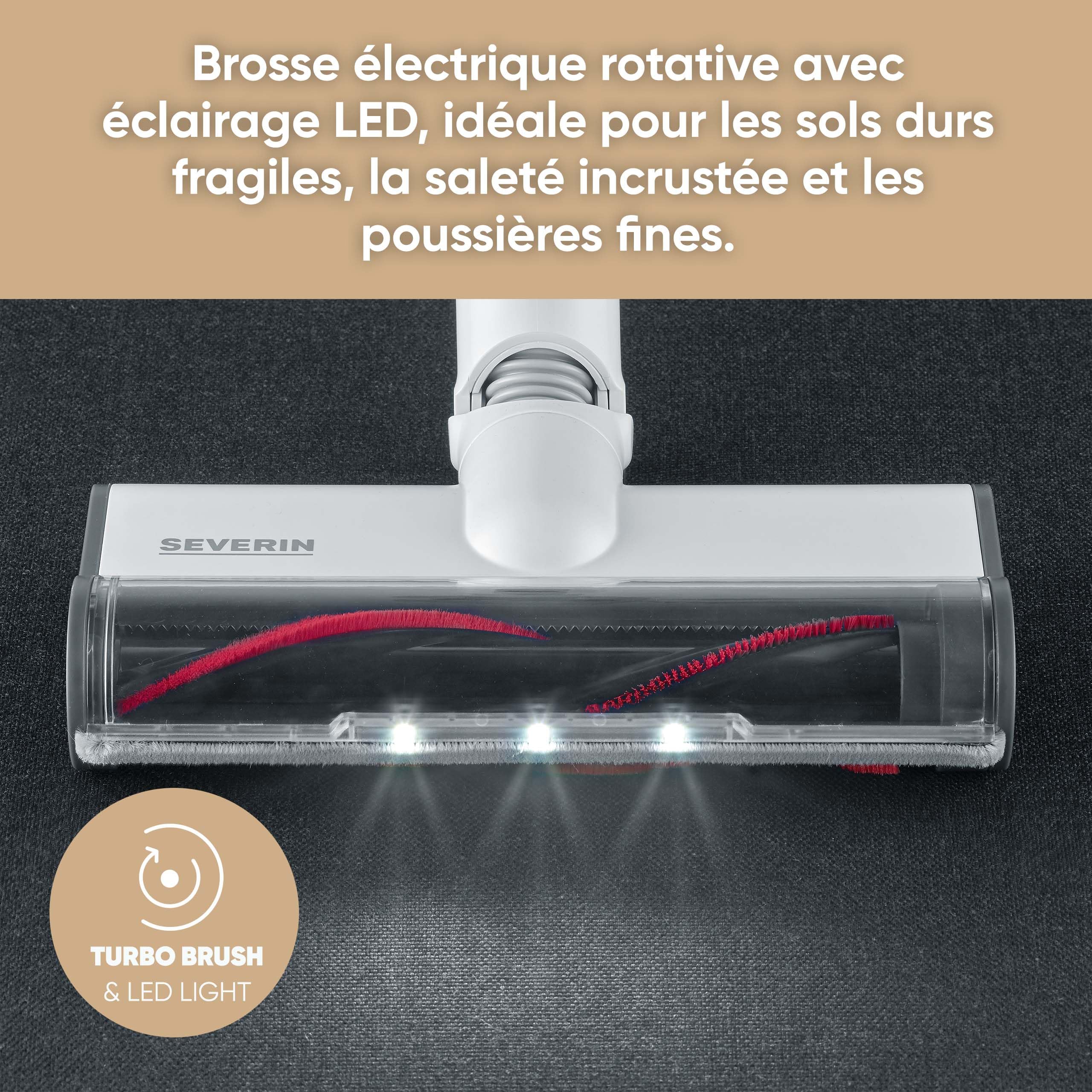 Severin Aspirateur Balai Multifonction sans Sac 22,2V sans Fil, 40 Min. d'autonomie, Brosse rotative High-Speed, Aspirateur Puissant avec éclairage LED, Filtre HEPA, Blanc, HV7152