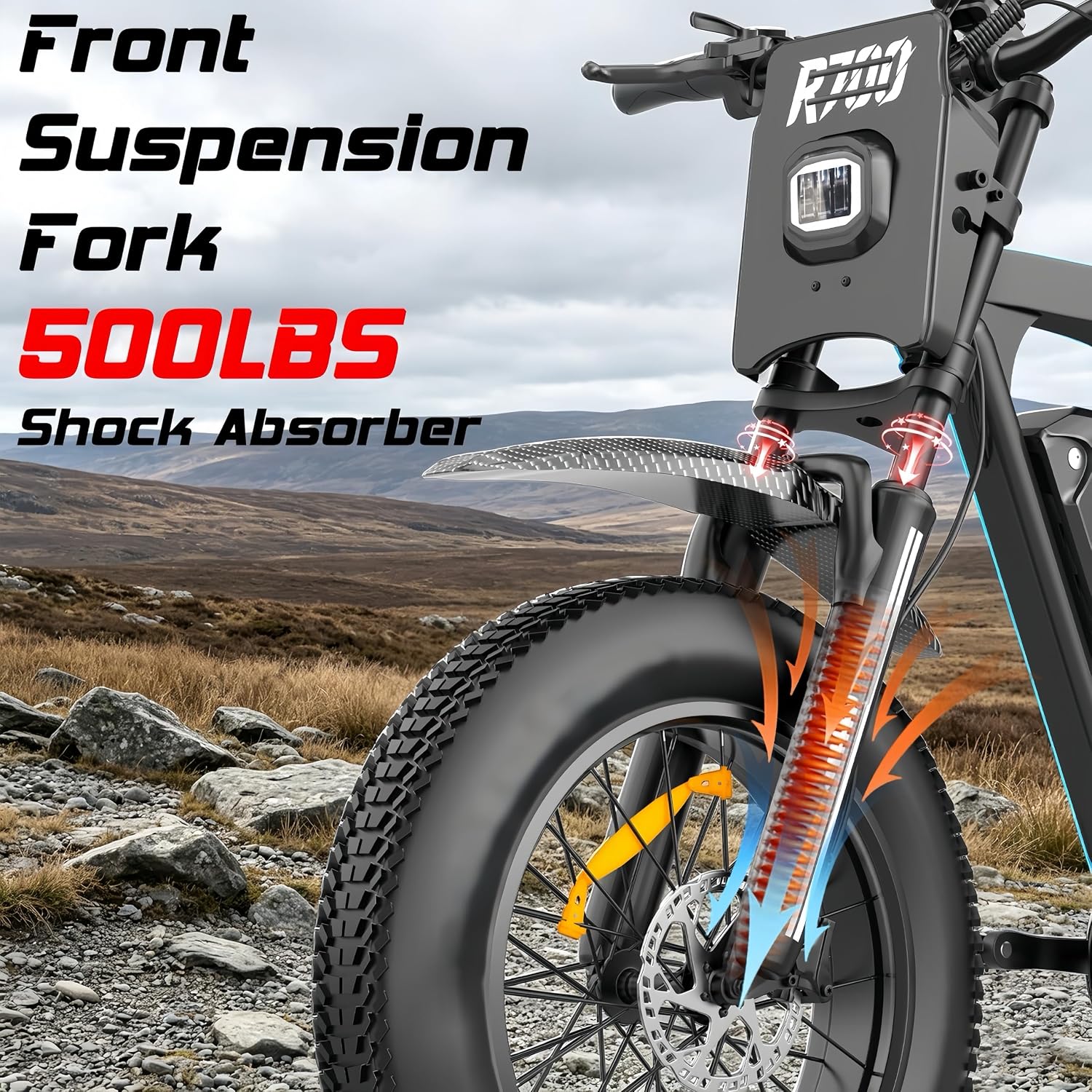 Close-up of the DEEPOWER R700's front suspension fork, designed for shock absorption