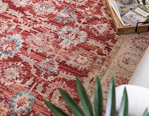 Miniatura 6 de Unique Loom Noble Collection - Alfombra de área tradicional, envejecida, vintage, botánica, frontera, 2 pies 7 pulgadas x 10 pies, rojoazul