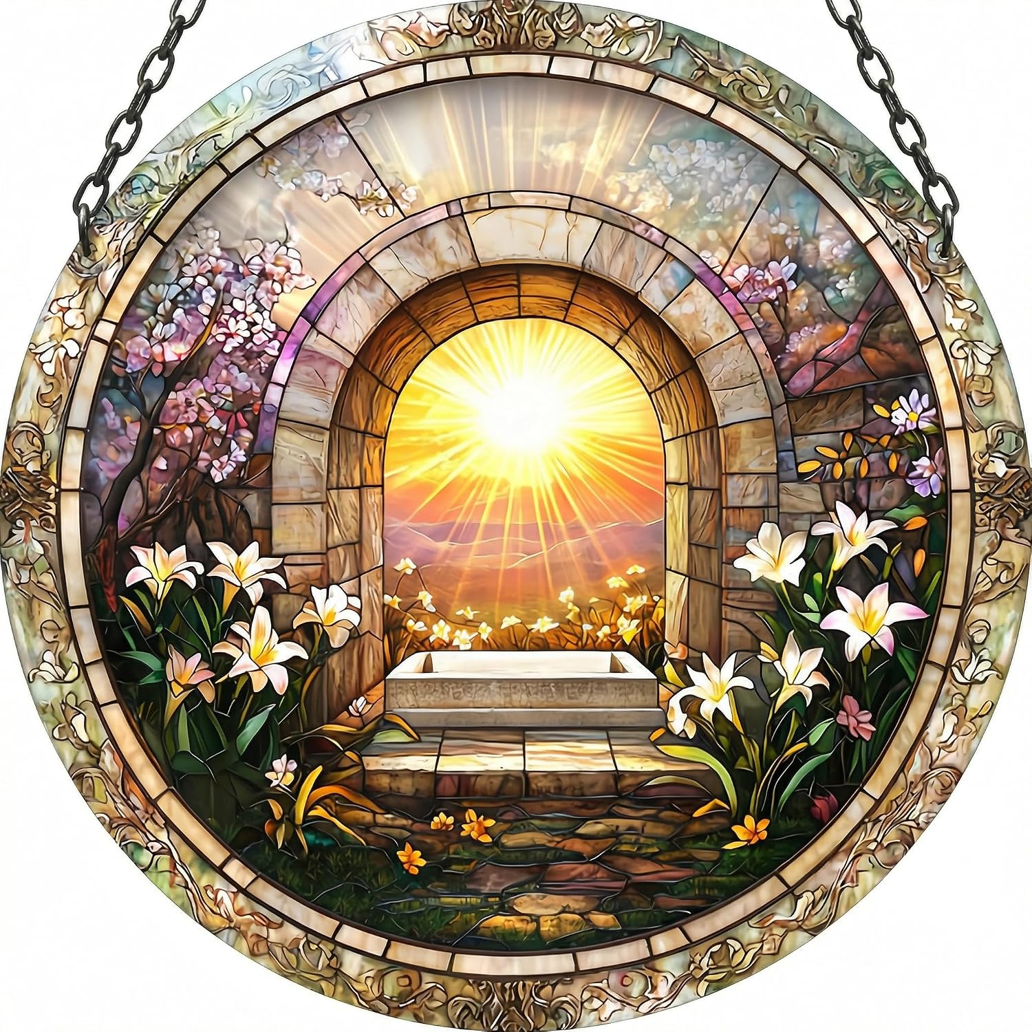 Stained-Glass Style Suncatcher, Resurrection Sunrise Garden Arch with Lilies, Round Window Hanging Christian Easter Decor