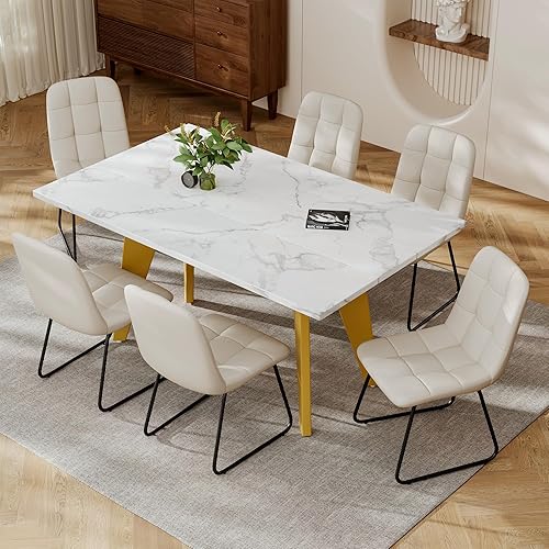 Miniatura 6 de Moderno juego de mesa de comedor de 63 pulgadas con 6 sillas acolchadas de cuero, parte superior de madera estilo mármol blanco, patas amarillas con