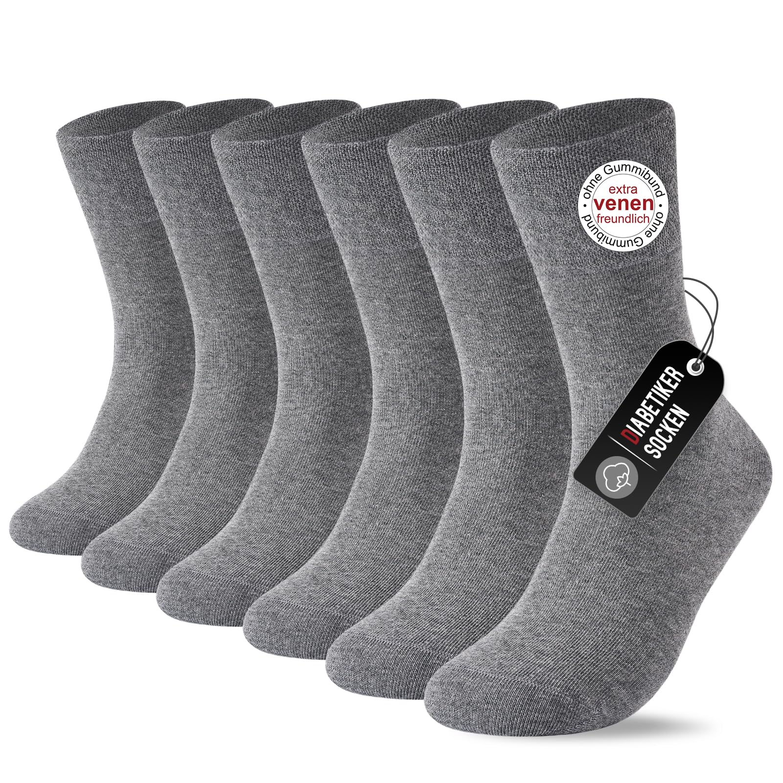 SockWaddles 6 Paar Diabetikersocken ohne Gummibund & ohne Naht 97% Baumwolle, Diabetiker Socken mit Komfortbund Hautfreundlich & Atmungsaktiv baumwollsocken für Damen Herren Grau 43-46