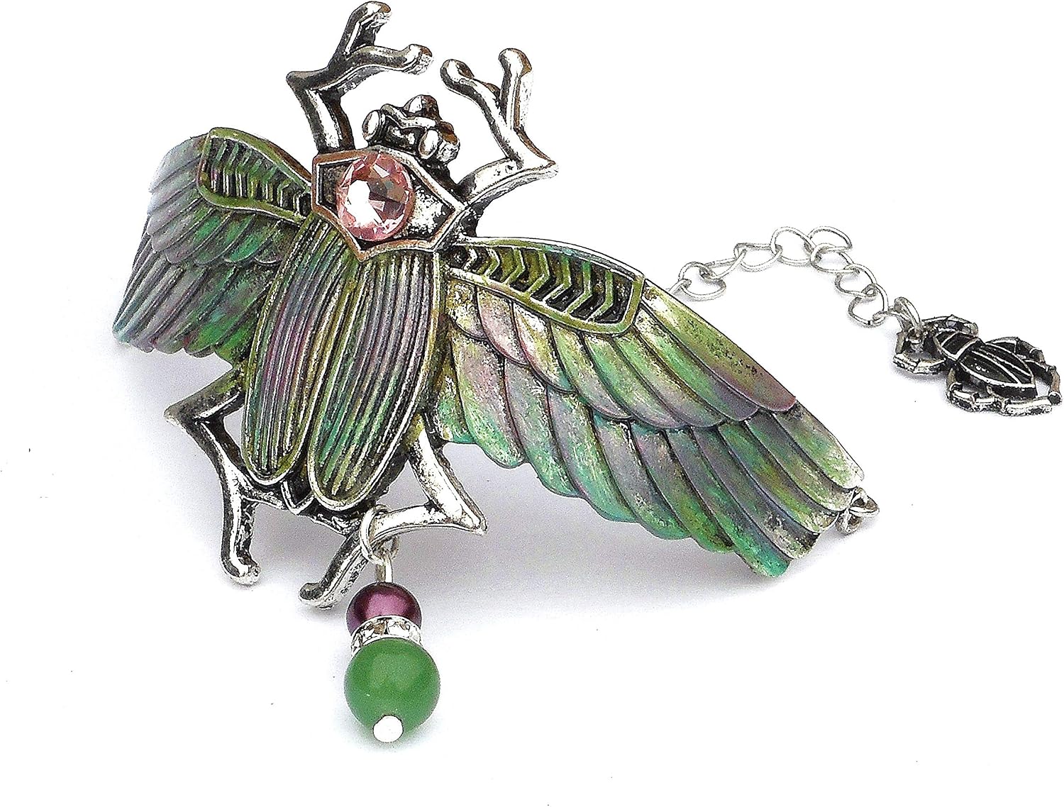 Adjustable Silver Plated Shimmering Green and Pink Mystical Egyptian Winged Scarab Beetle Amulet Cuff Bracelet Protection Bohemian Jewelry for Women