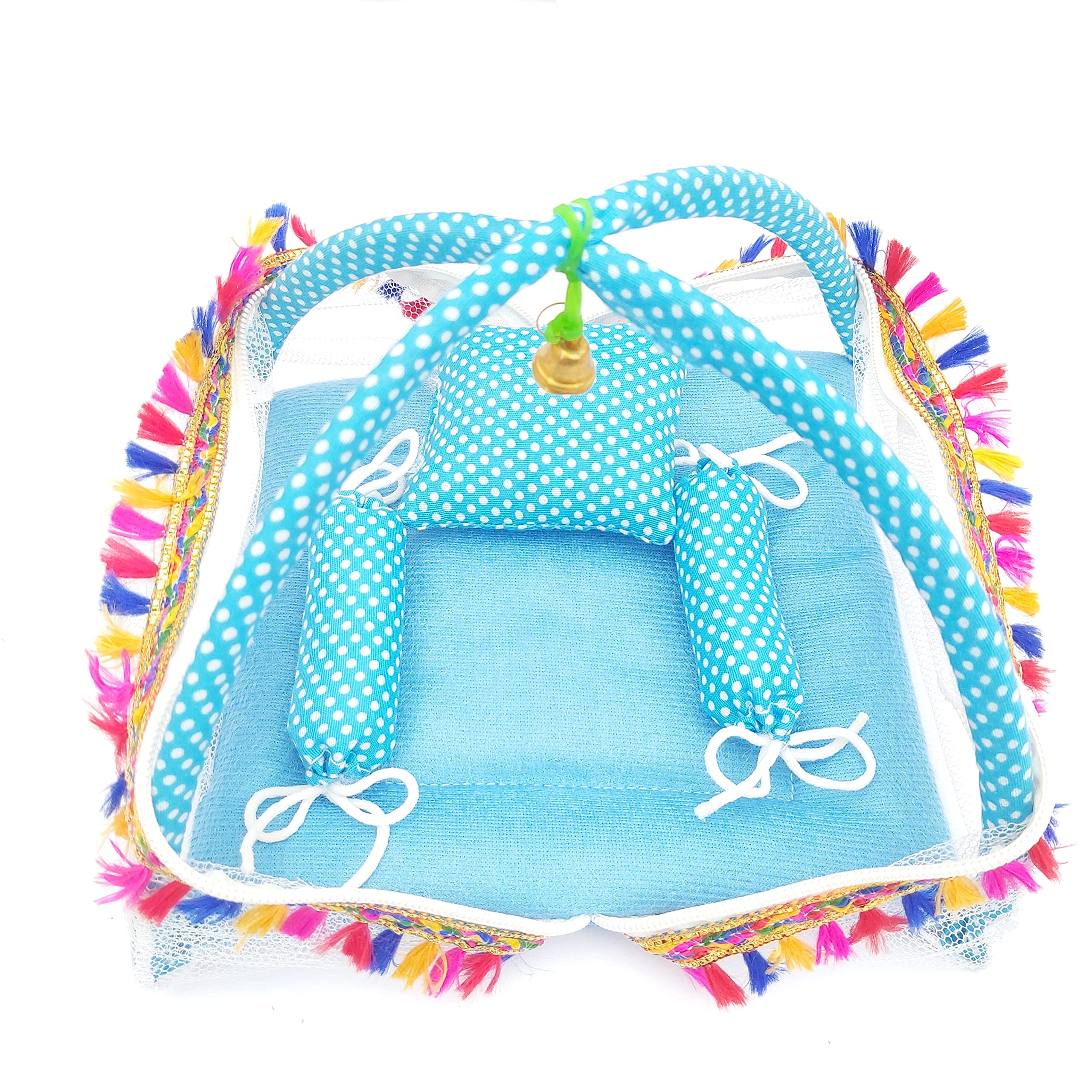 Laddu Gopal Kanah ji Comfortable Bed/Bister/Singhasan with Mosquito Net and 3 Pillows (0 to 6 (26 CM), Sky Blue)