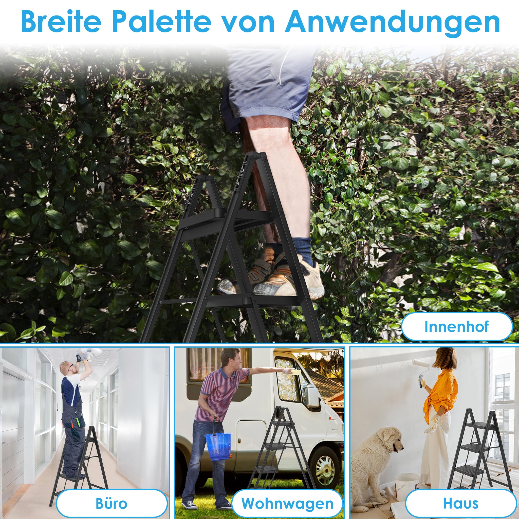 UISEBRT Trittleiter 4 Stufen Klappbar, Stehleiter, rutschfeste Haushaltsleiter mit Breiten Stufen, Belastbar bis 250KG, Faltbar für Haushalt, Küche, Büro, Schwarz