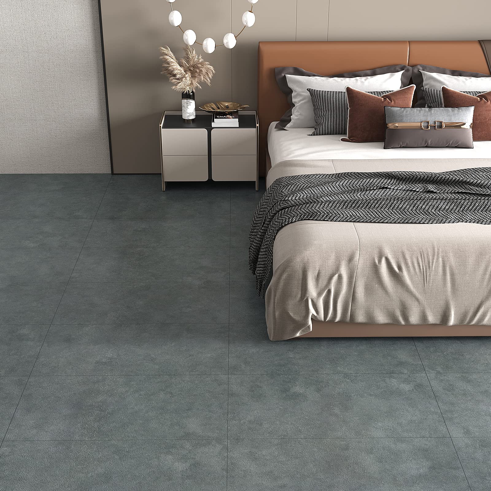 VEELIKE Dalle PVC Adhesive Effet Béton Gris Autocollant de Sol Auto-Adhésif Vinyle Carrelage Adhesif Mural Cuisine Salle de Bain Salon 1.5mm 12 Pièces 60cm x 30cm