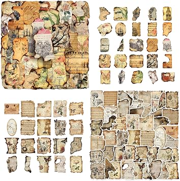 100 Pcs Vintage Journaling Sticker Set Junk Journal Stickers Scrapbooking Accessories with Antique Patterns Distressed Edges for Planners Diaries DIY Crafts Junk Journal Supplies Burnt Collage C
