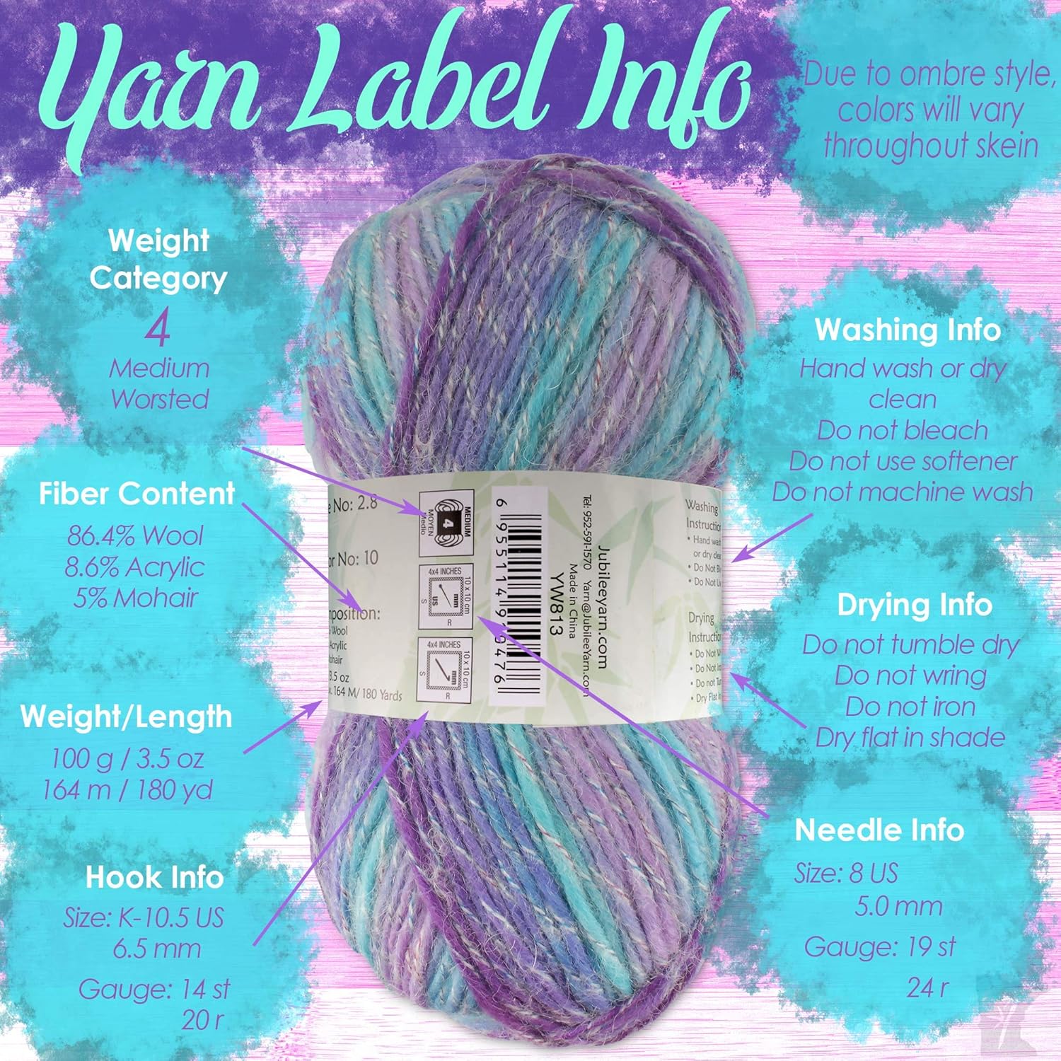 JubileeYarn Wool Mohair Yarn - 100g/Skein Ombré Worsted - Shades of Neutral - 4 Skeins