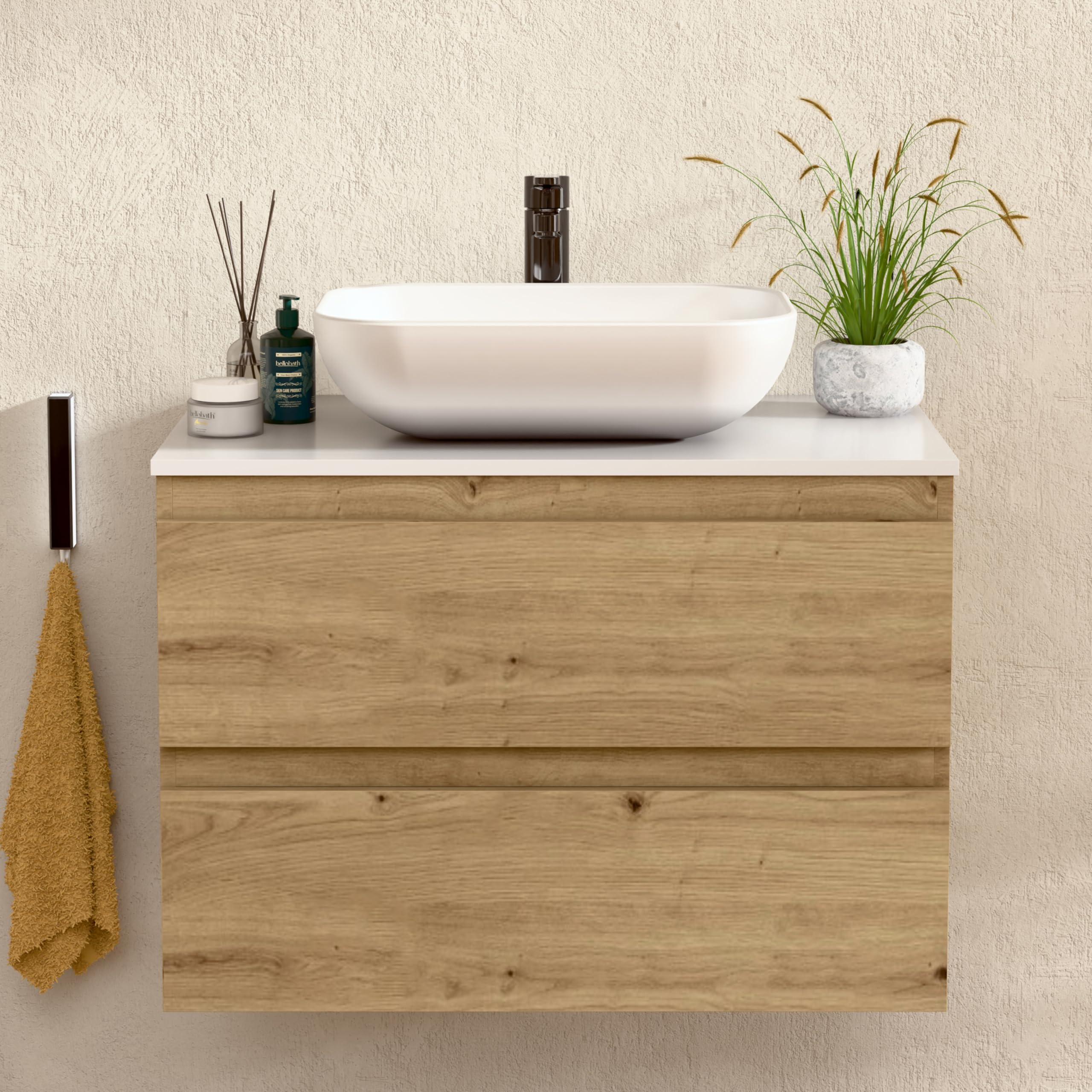 BELLOBATH - Mueble Baño Suspendido con Lavabo de Cerámica, Mueble Baño con Lavabo Montado con 2 Cajones, 60 x 55 x 46 cm, Mueble Roble y Tapa Blanca
