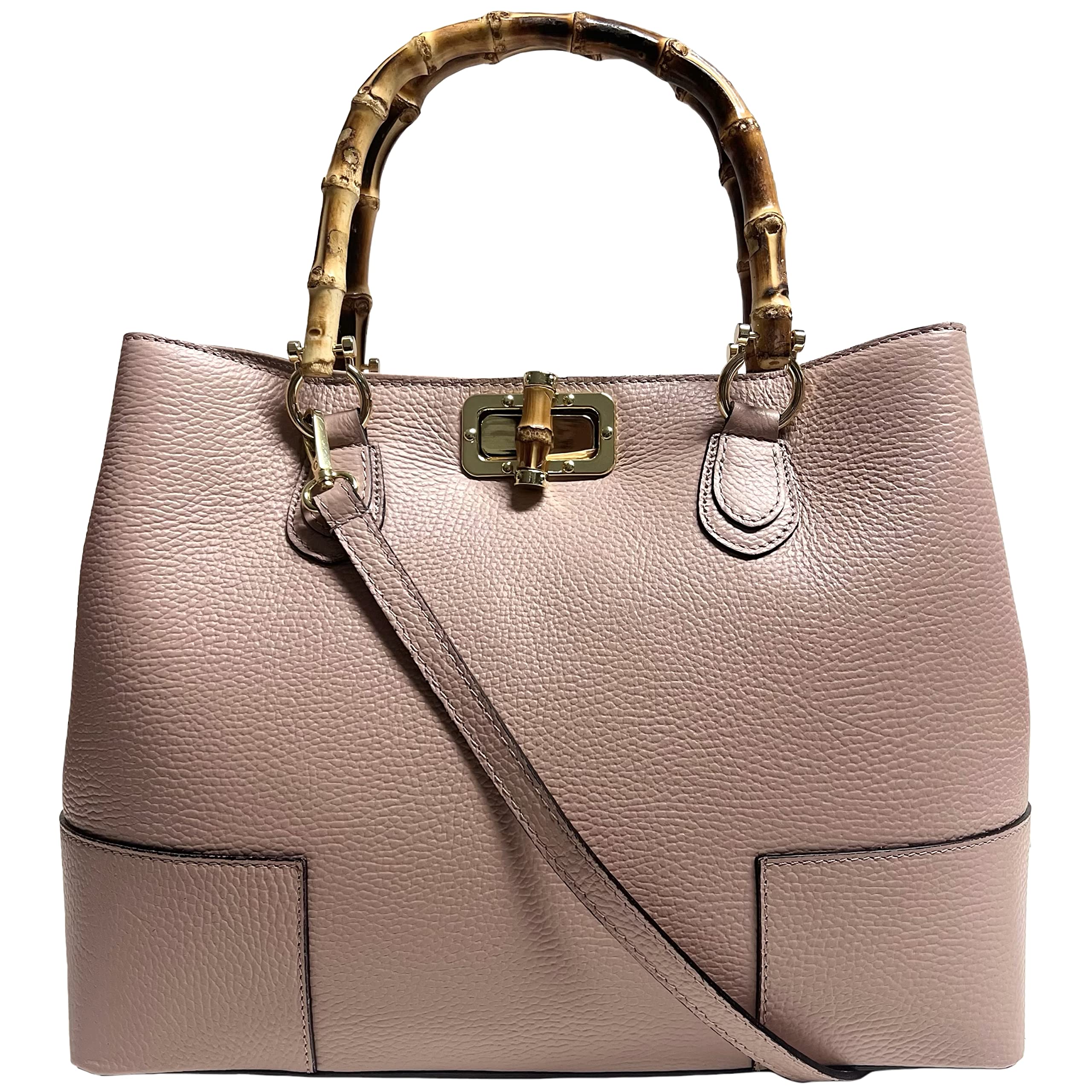 Damen-Tasche aus echtem Leder mit Griffen aus echtem Bambus, elegant und minimalistisch/Luxus-Tasche, Hautfarben