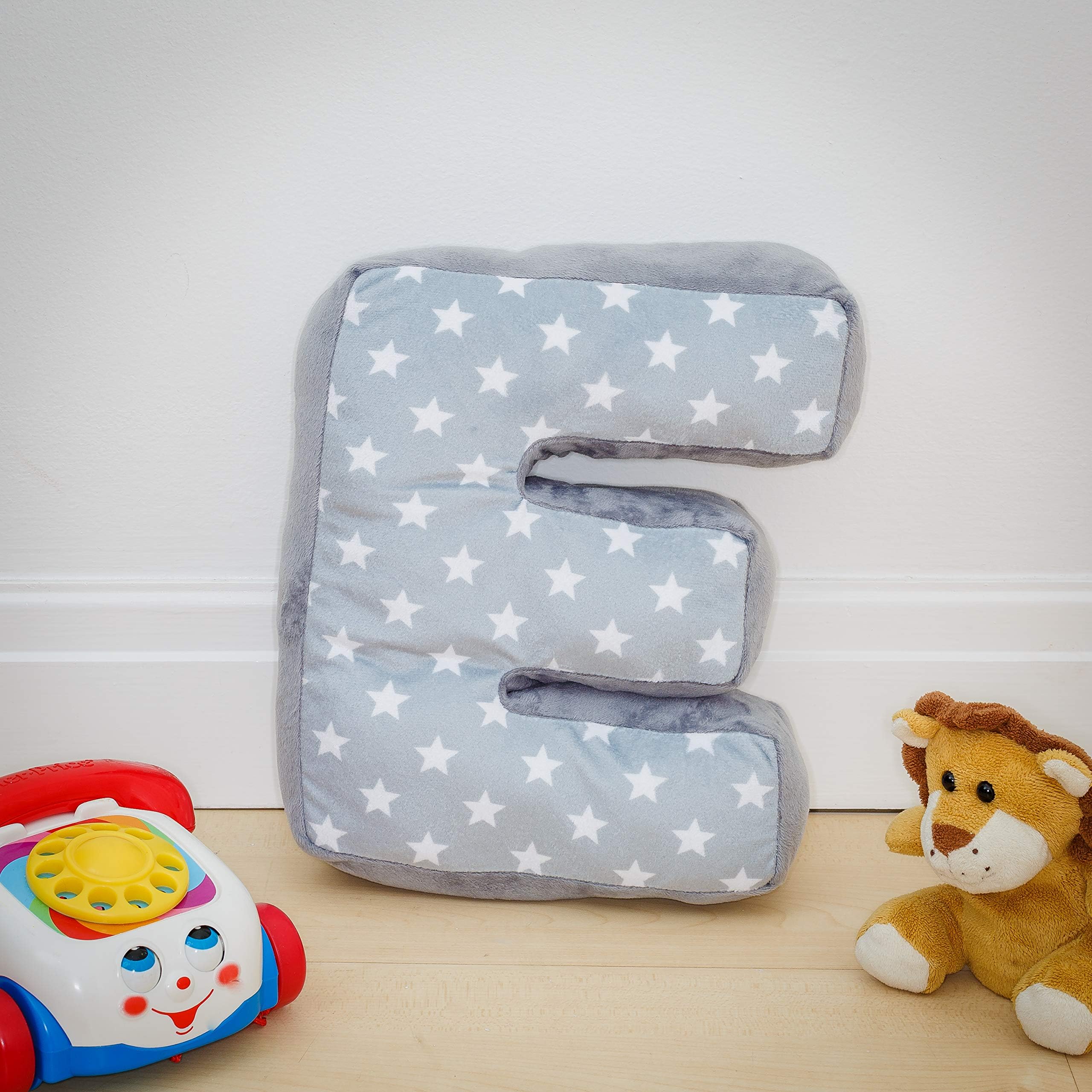 Alphabet Cushion E | Letter Pillow E | Decorative Nursery Bedroom Sofa Couch | Letter Shape | Personalised Initial | Grey Stars | Wedding Christening Gift