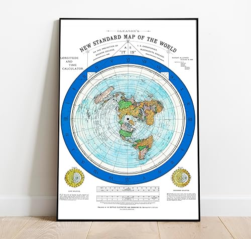 Mapa de la tierra plana del mundo mapa de Alexander Gleason 1892 24 x 36 pulgadas Póster de arte de pared impreso Plano circular Longitud y